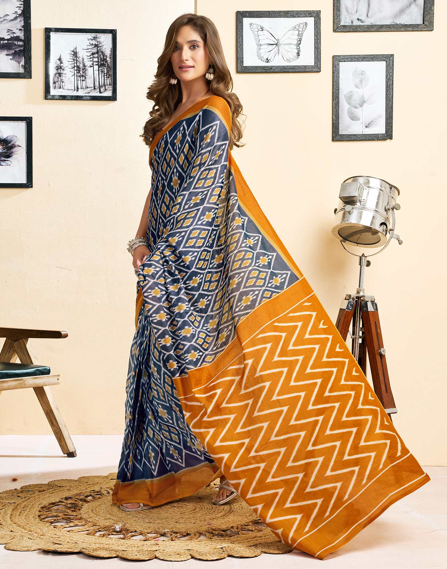 Ready To Wear Blue Cotton Printed Saree - Image 6