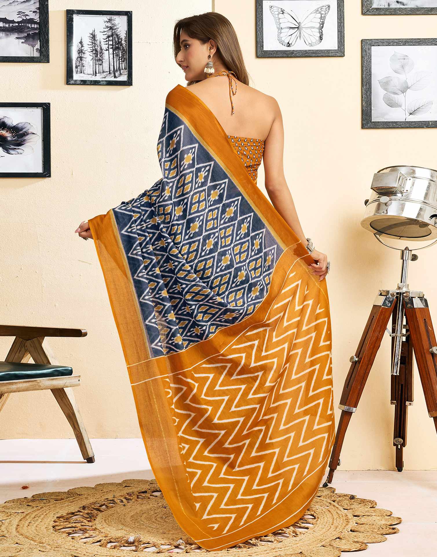 Ready To Wear Blue Cotton Printed Saree - Image 7