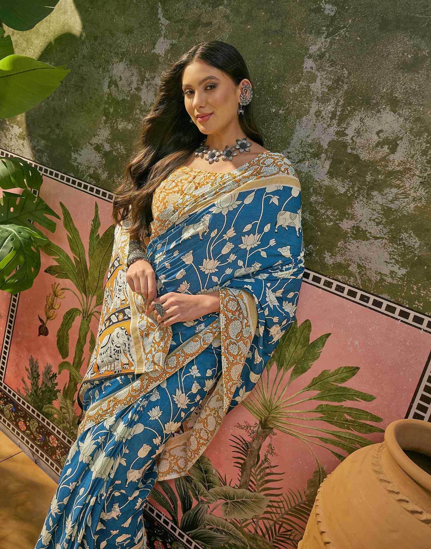 Ready To Wear Blue Cotton Printed Saree - Image 3