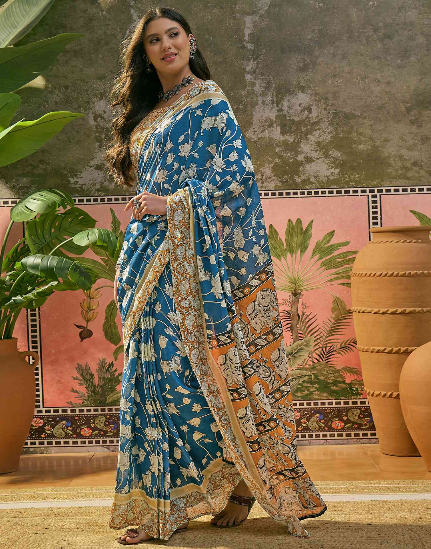 Ready To Wear Blue Cotton Printed Saree - Image 5