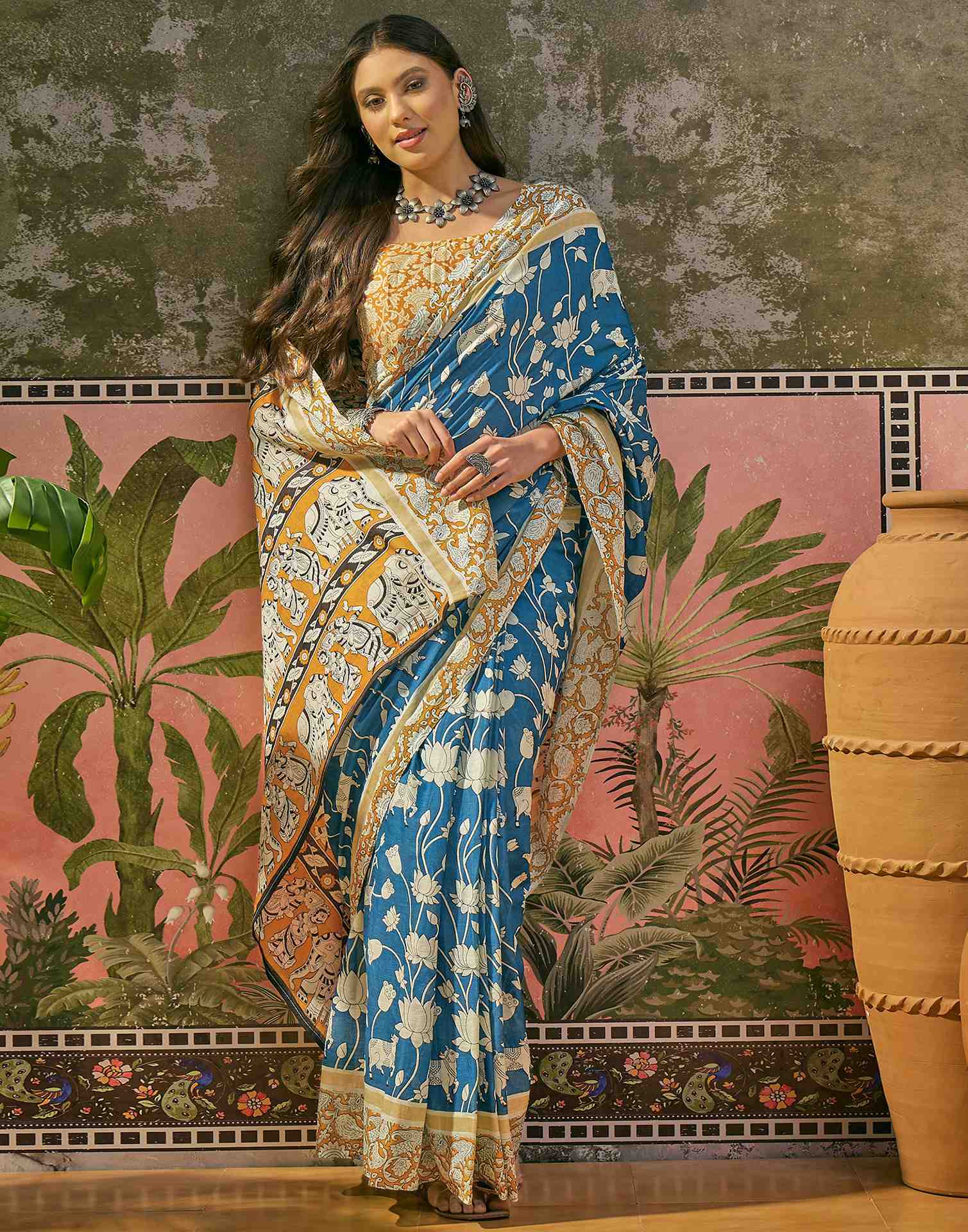 Ready To Wear Blue Cotton Printed Saree - Image 7