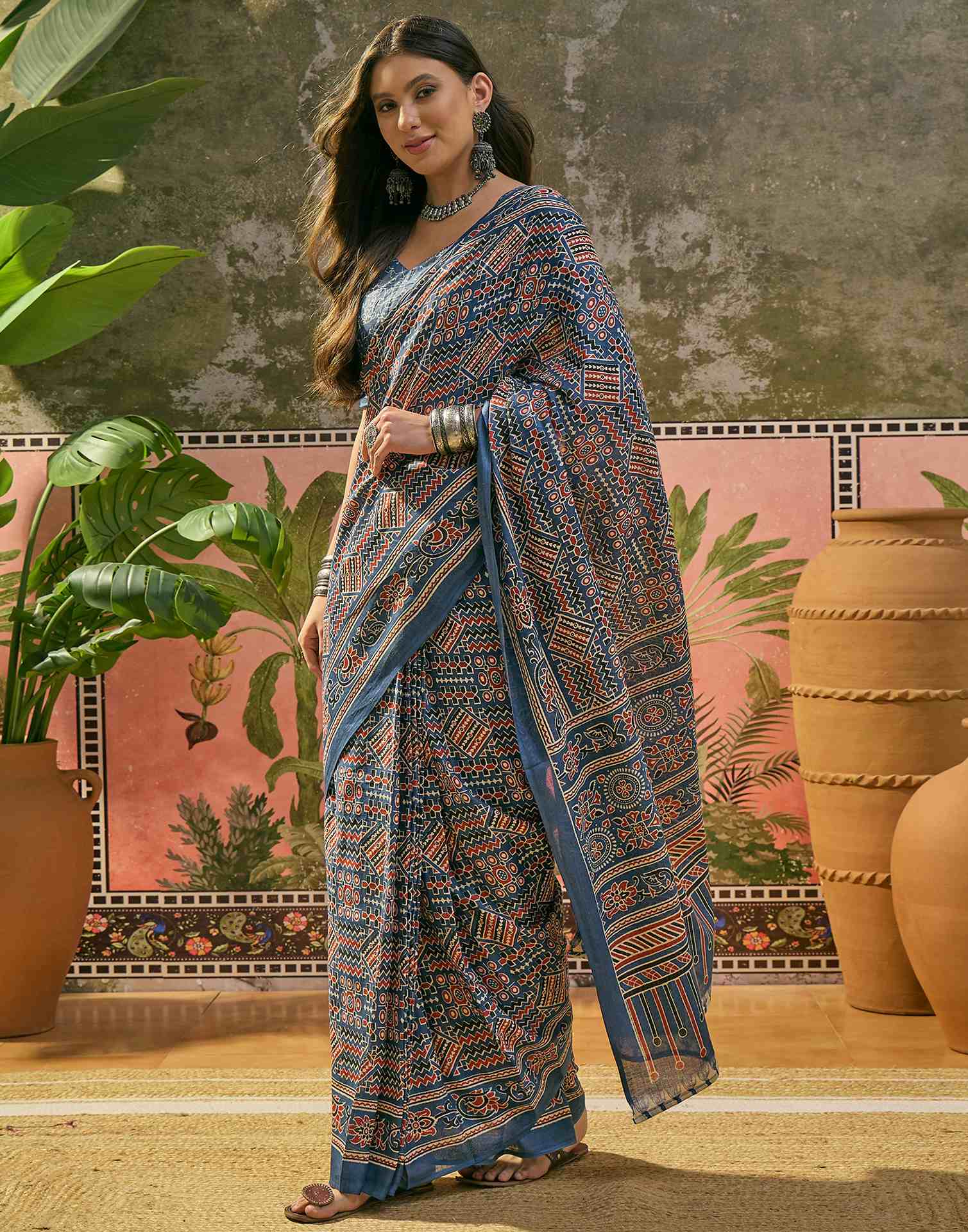 Ready To Wear Blue Cotton Printed Saree - Image 5