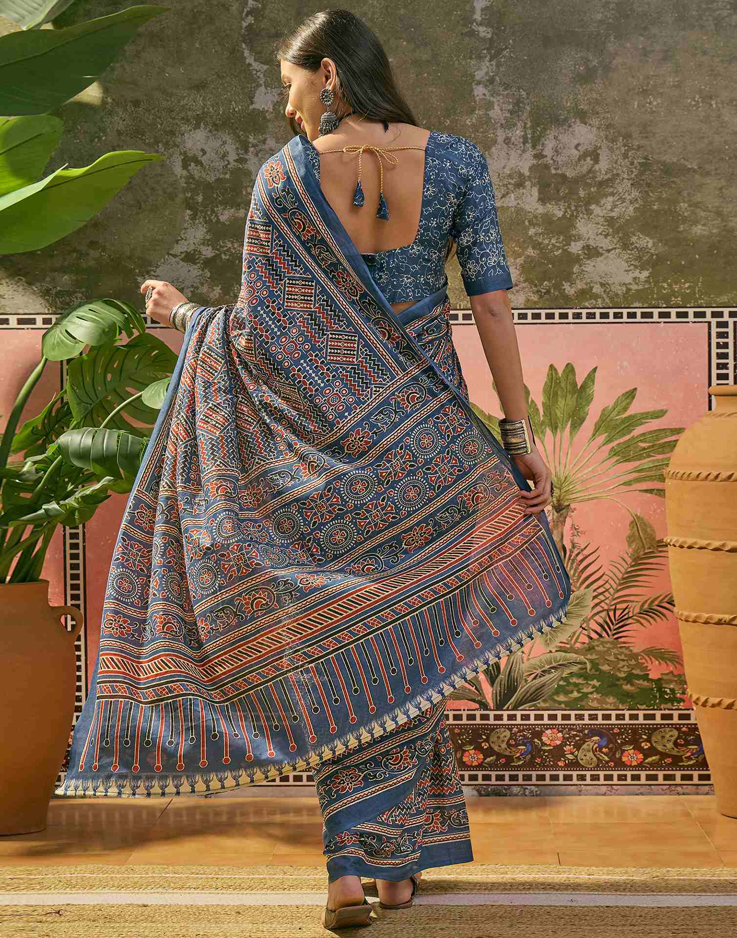 Ready To Wear Blue Cotton Printed Saree - Image 7