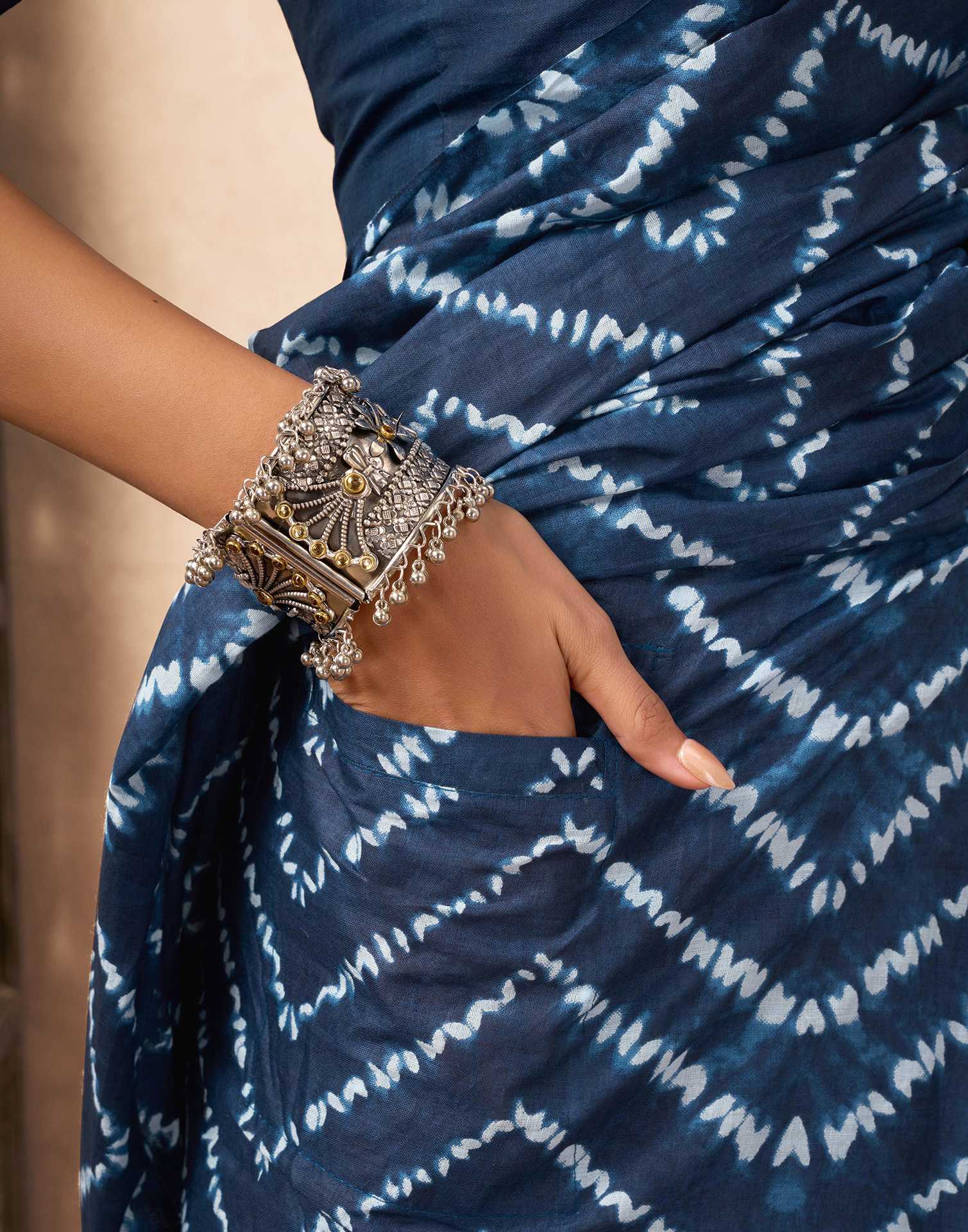 Ready To Wear Blue Cotton Printed Saree With Pocket