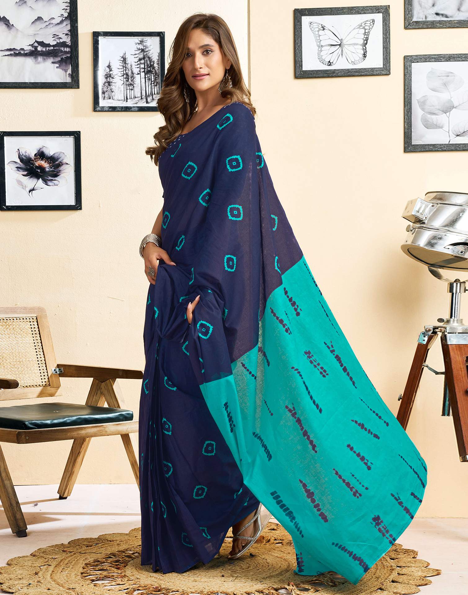 Ready To Wear Blue Cotton Printed Saree With Pocket - Image 7