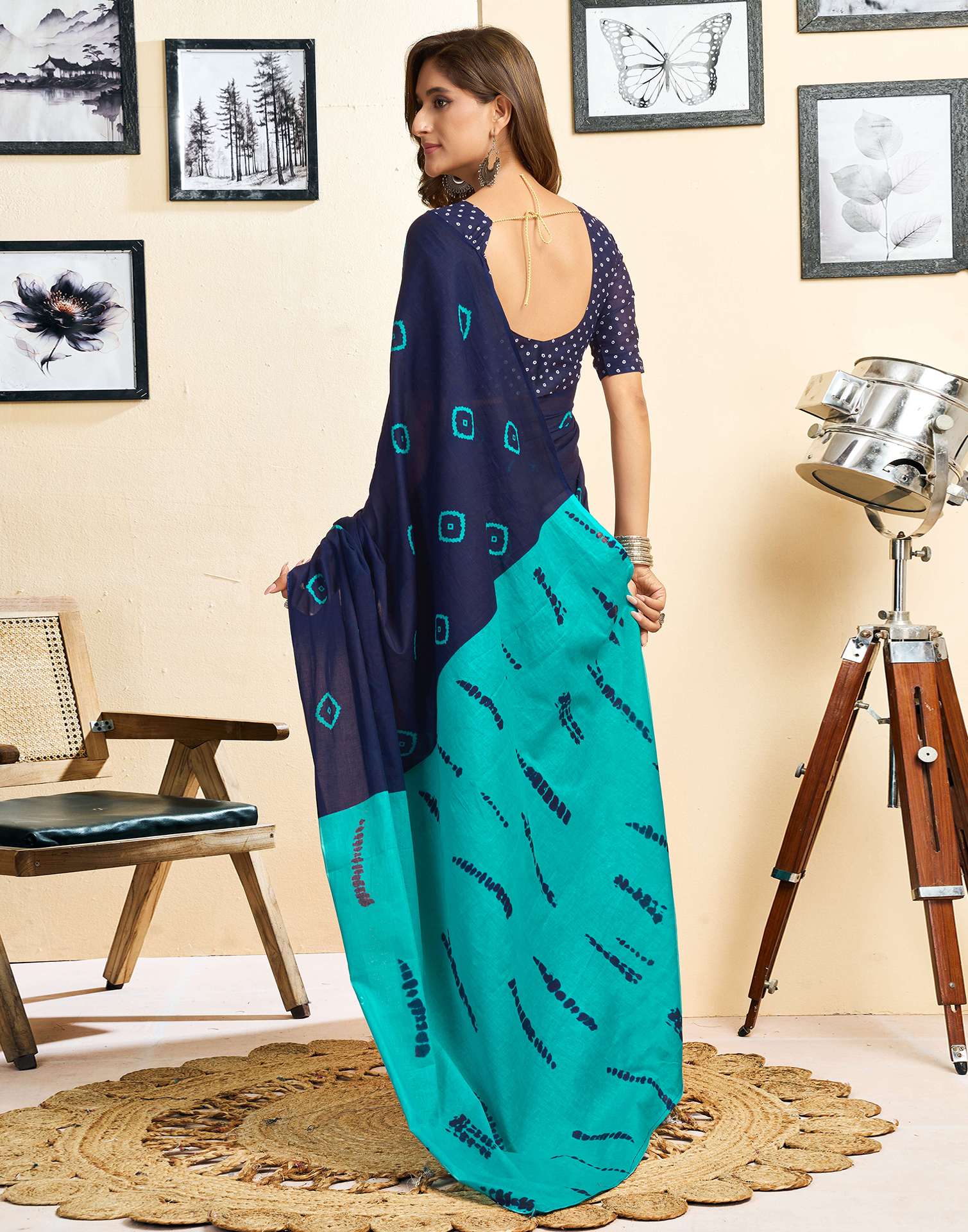 Ready To Wear Blue Cotton Printed Saree With Pocket - Image 8