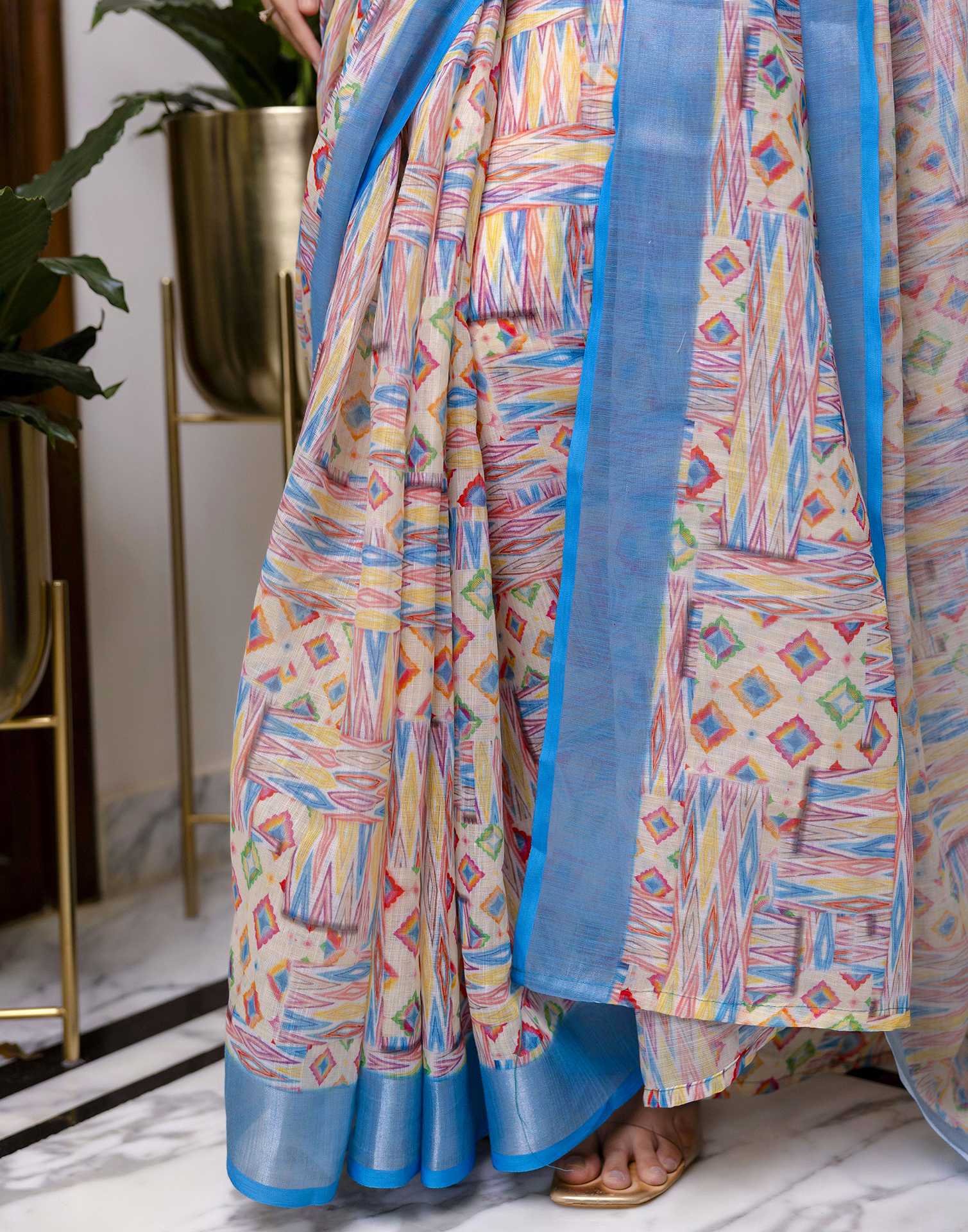 Ready To Wear Blue Linen Floral Printed Saree - Image 10