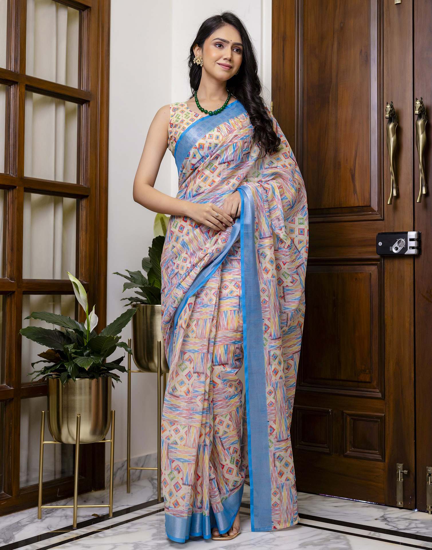 Ready To Wear Blue Linen Floral Printed Saree - Image 2