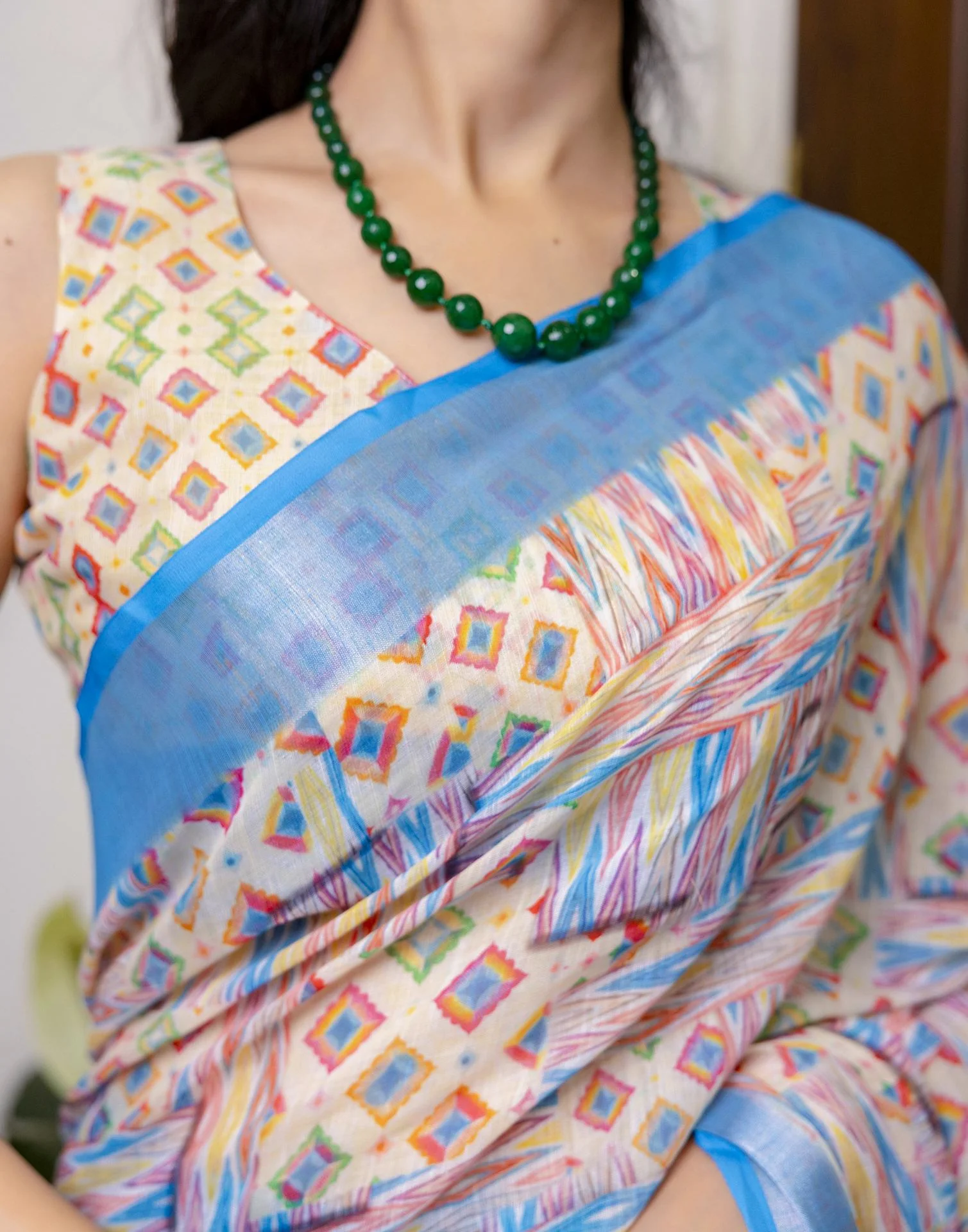 Ready To Wear Blue Linen Floral Printed Saree - Image 8