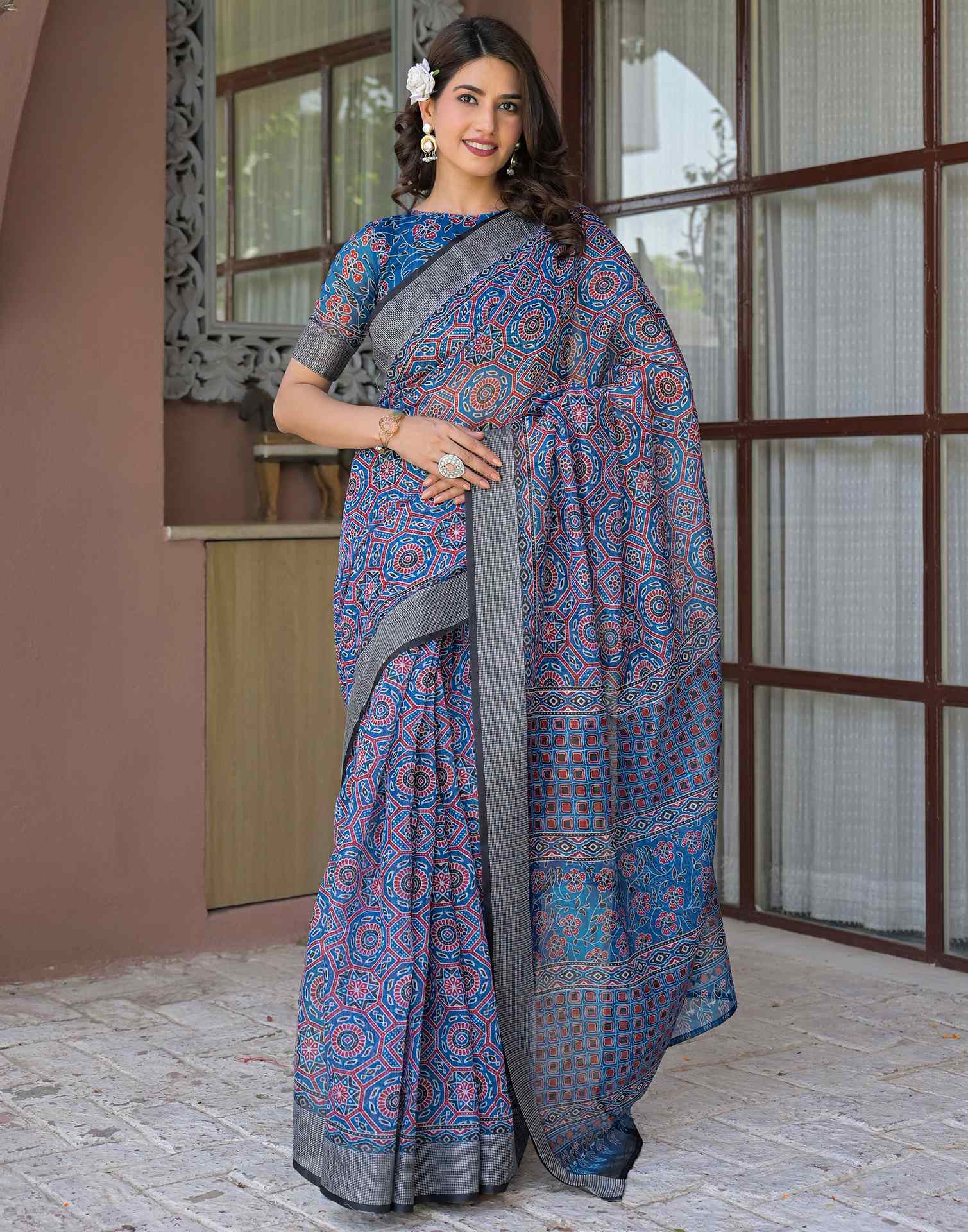 Ready To Wear Blue Linen Printed Embroidery Border Saree - Image 2