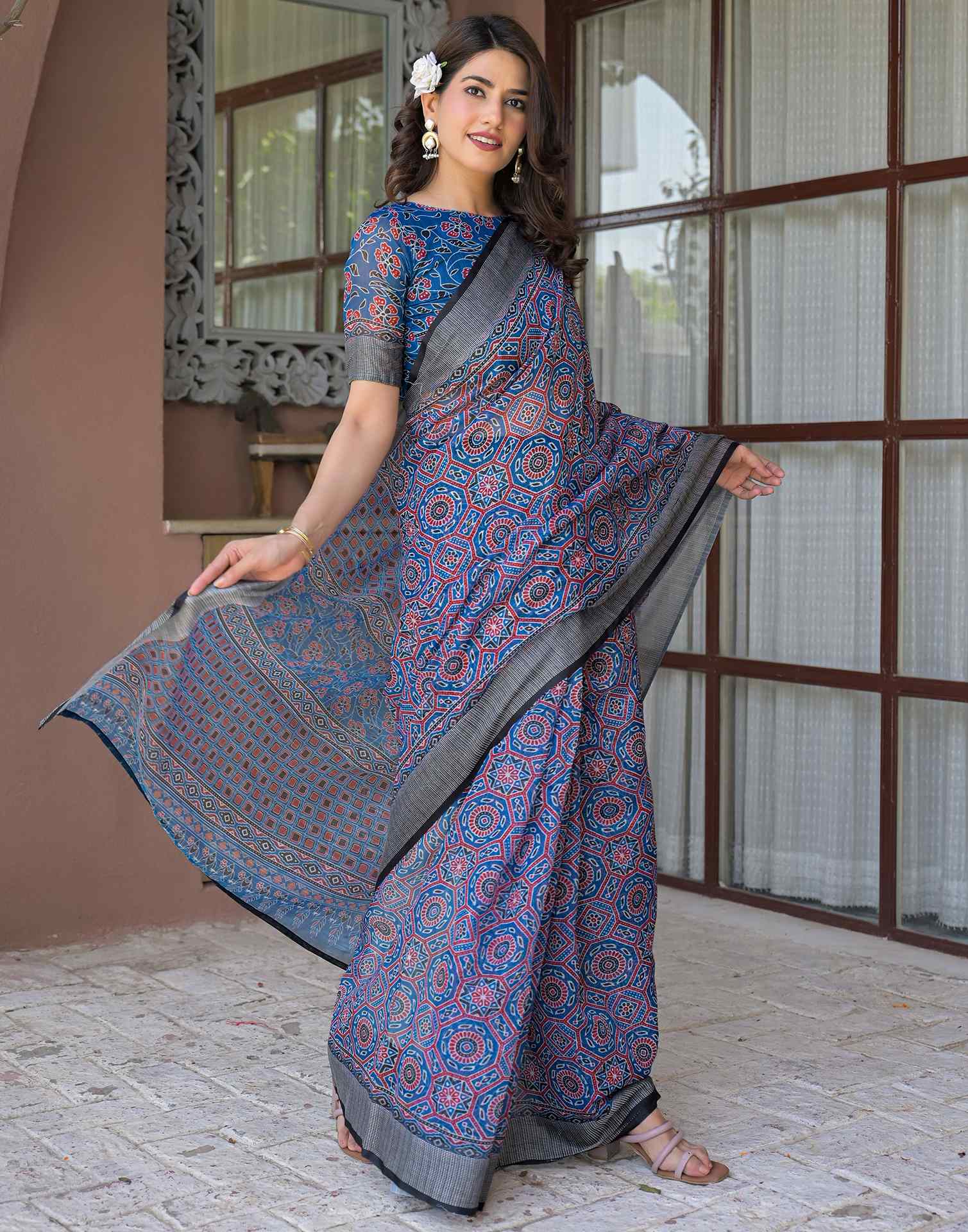 Ready To Wear Blue Linen Printed Embroidery Border Saree - Image 6