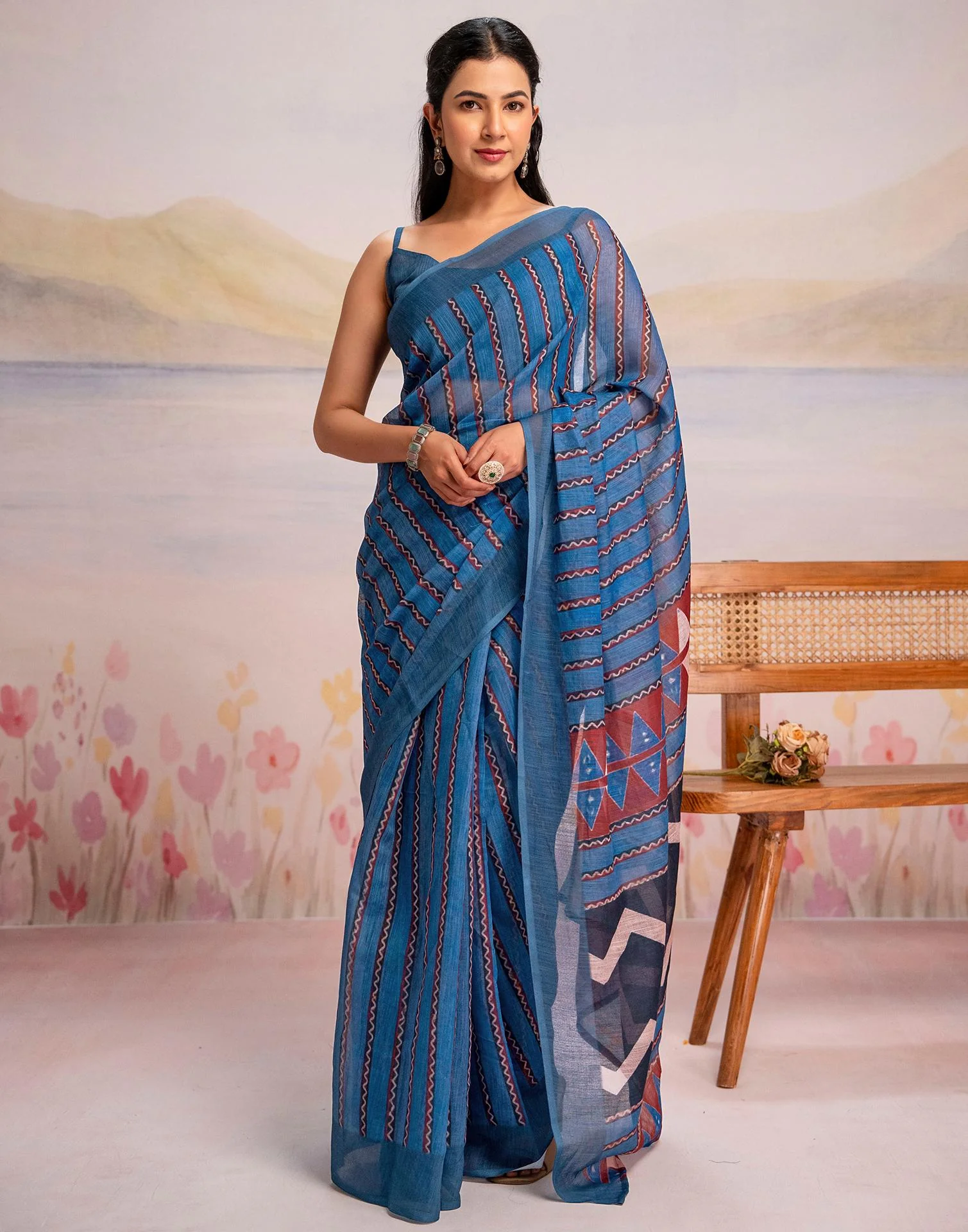 Ready To Wear Blue Linen Printed Saree
