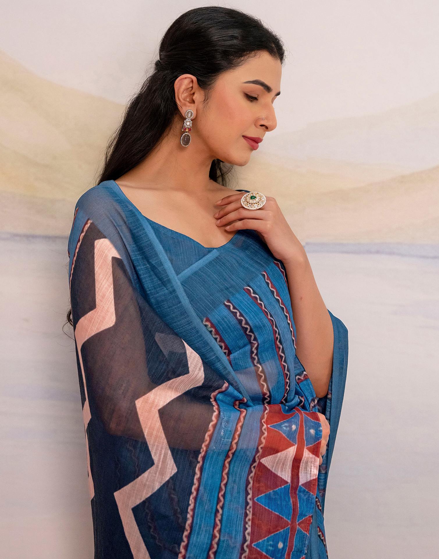 Ready To Wear Blue Linen Printed Saree - Image 10