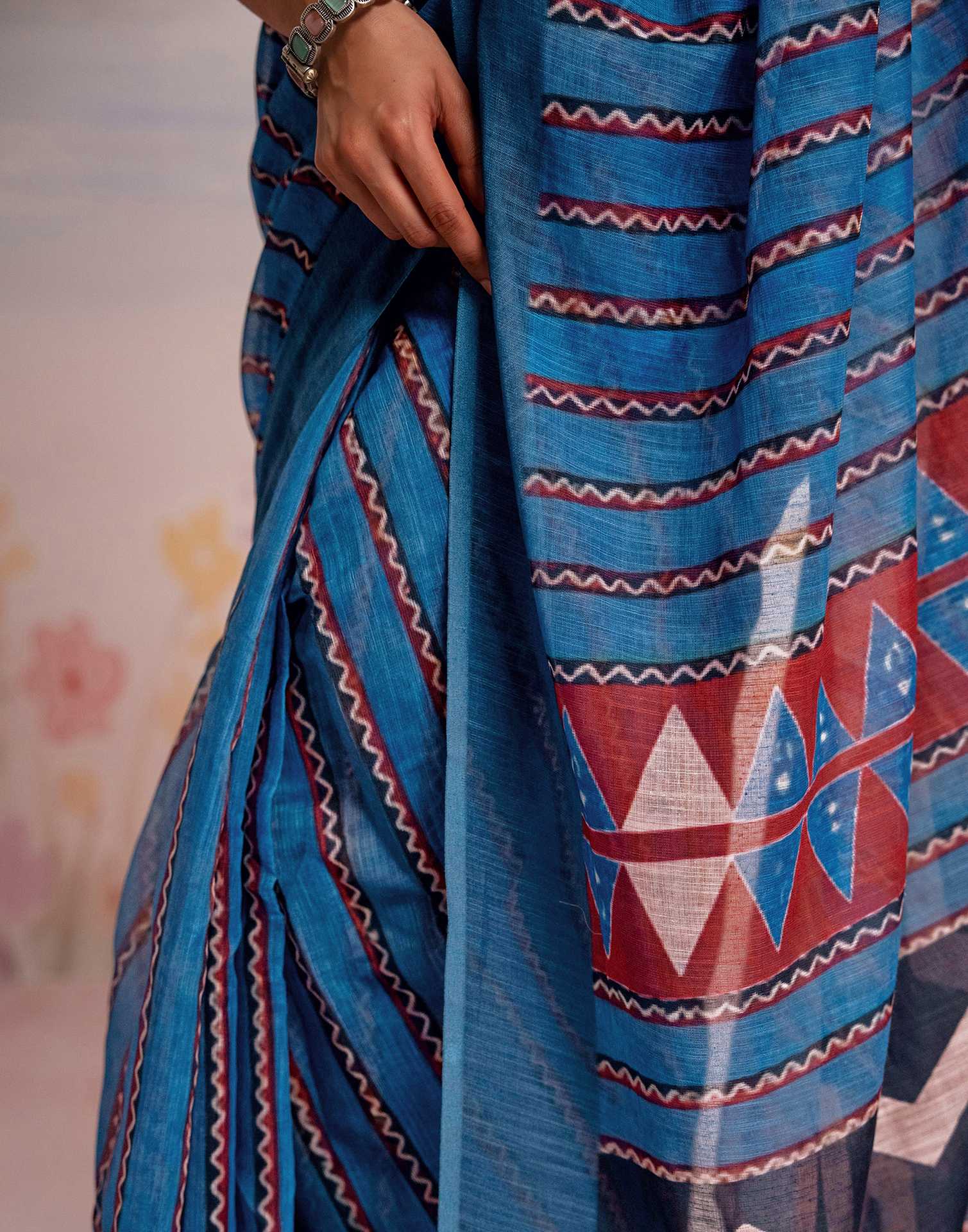 Ready To Wear Blue Linen Printed Saree - Image 11