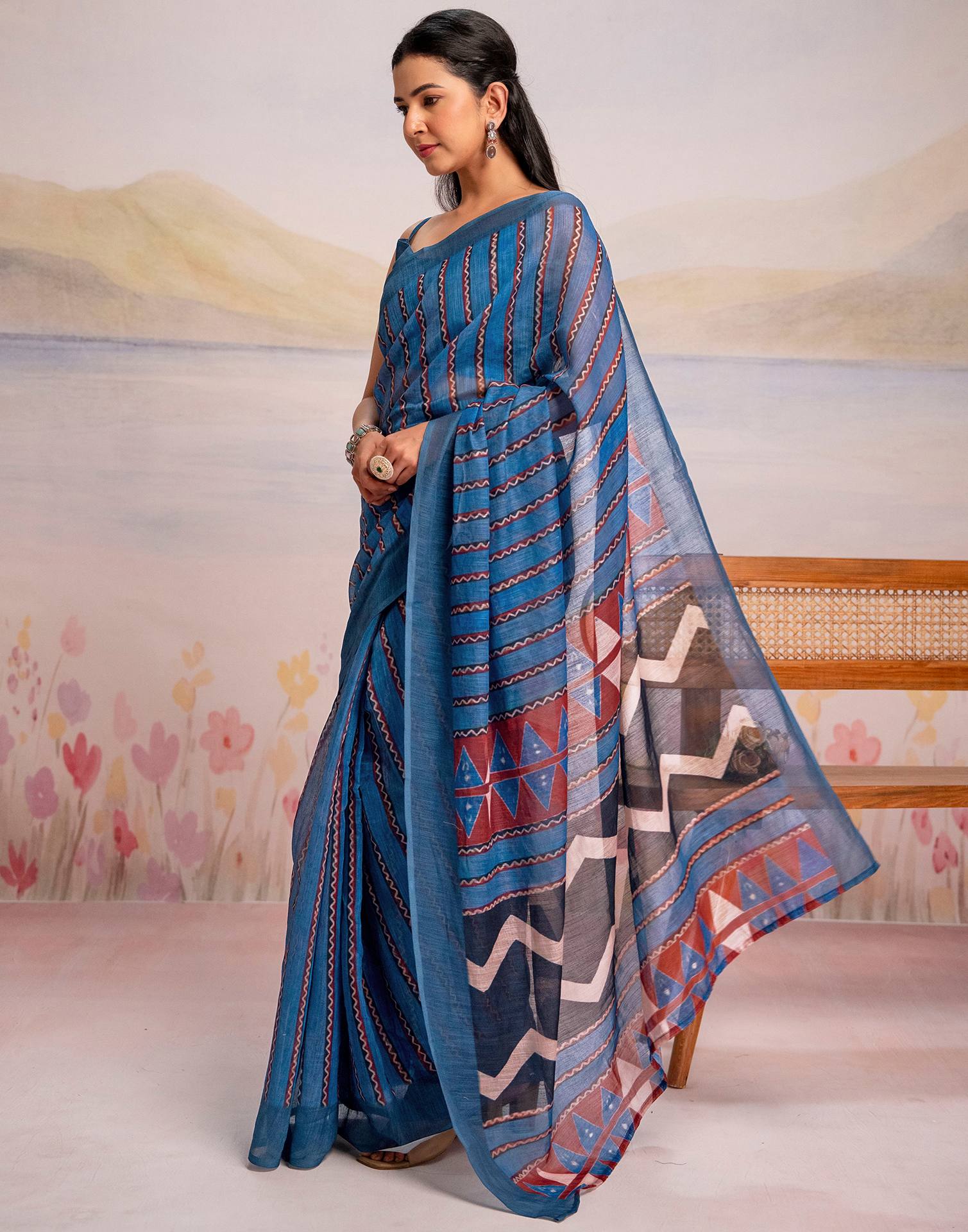 Ready To Wear Blue Linen Printed Saree - Image 5
