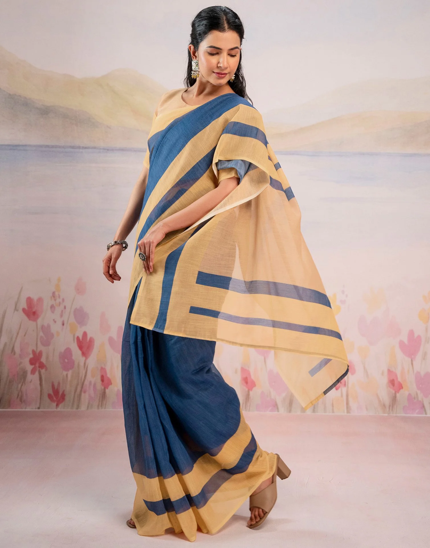 Ready To Wear Blue Linen Printed Saree - Image 10