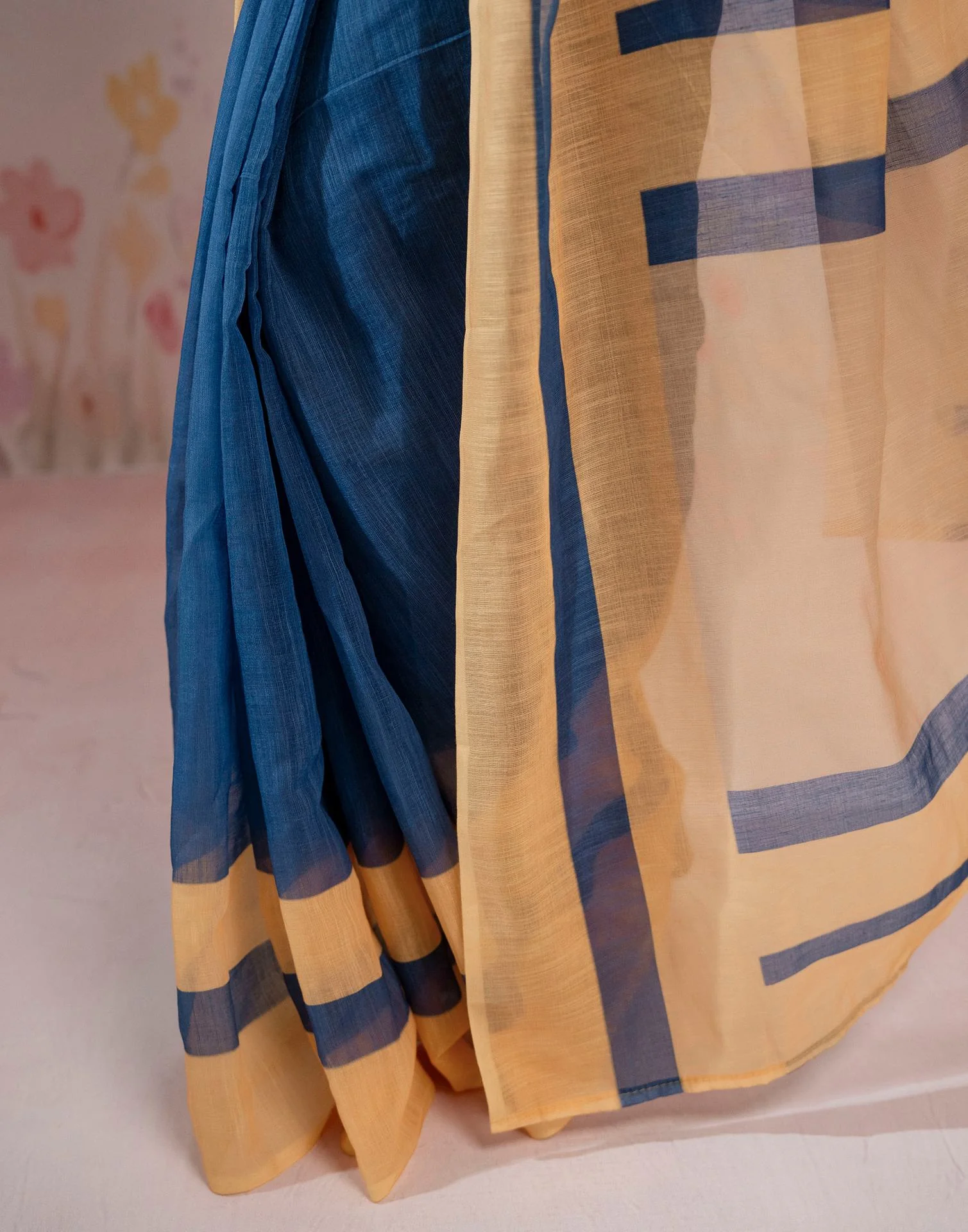 Ready To Wear Blue Linen Printed Saree - Image 13