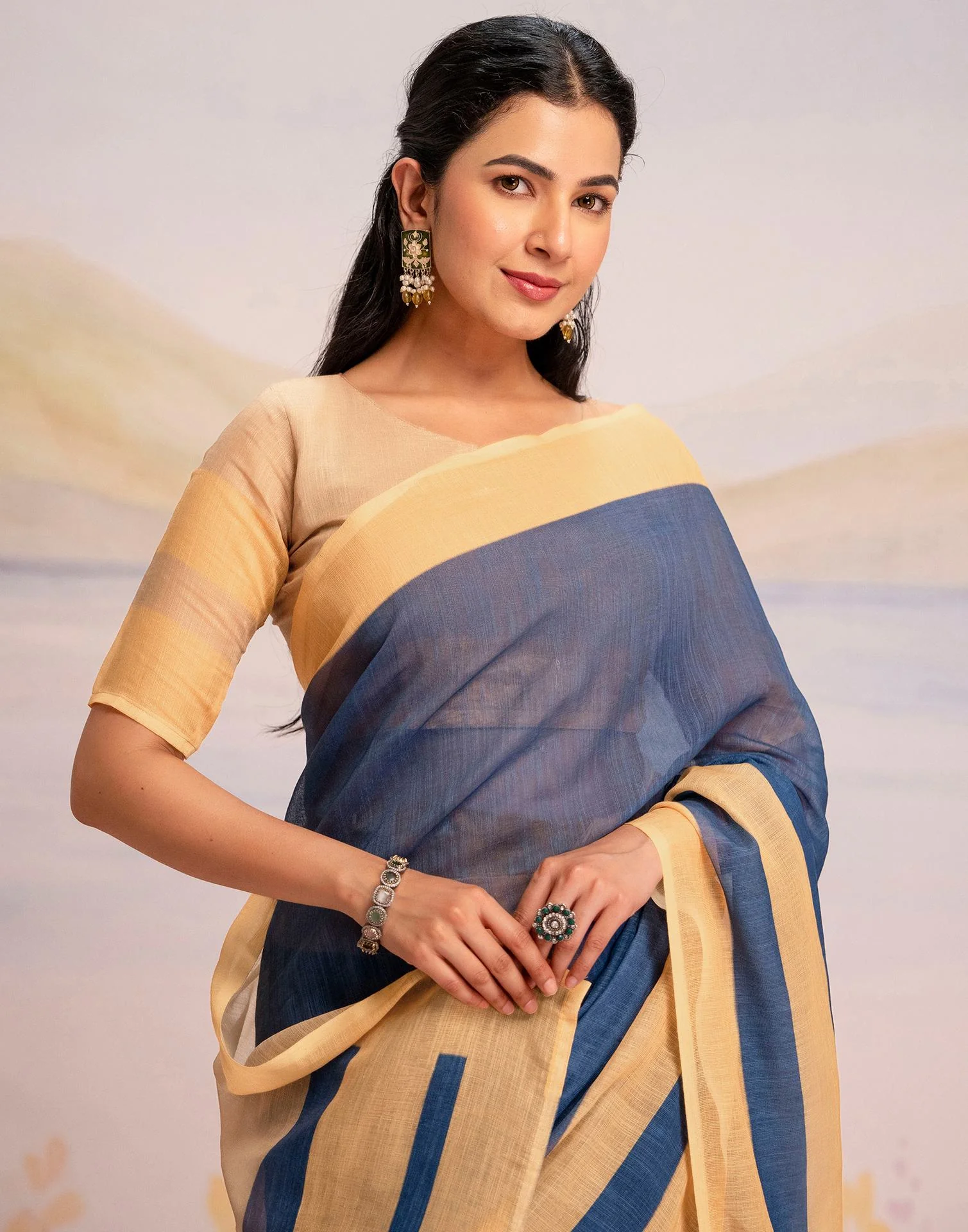 Ready To Wear Blue Linen Printed Saree - Image 4