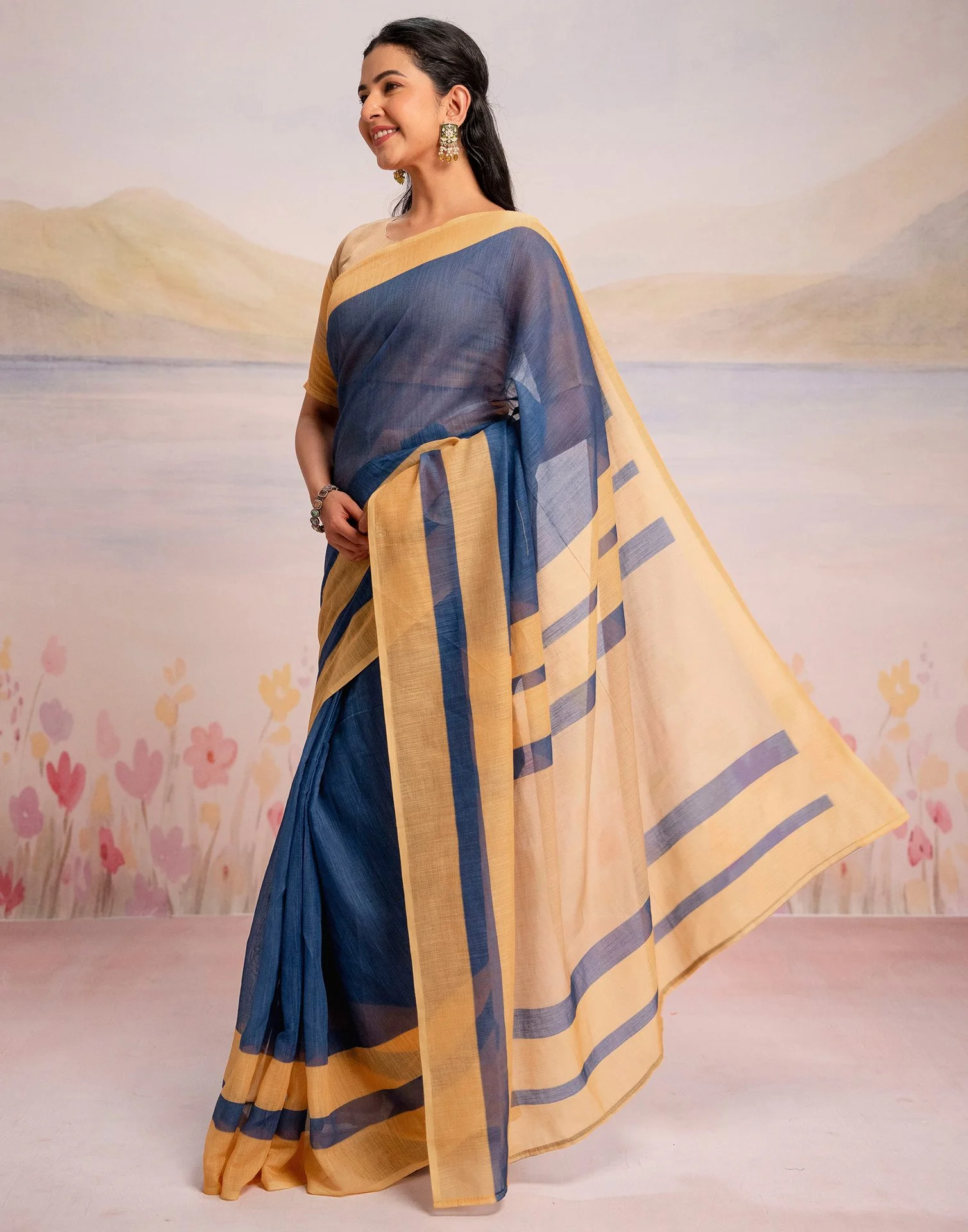 Ready To Wear Blue Linen Printed Saree - Image 5