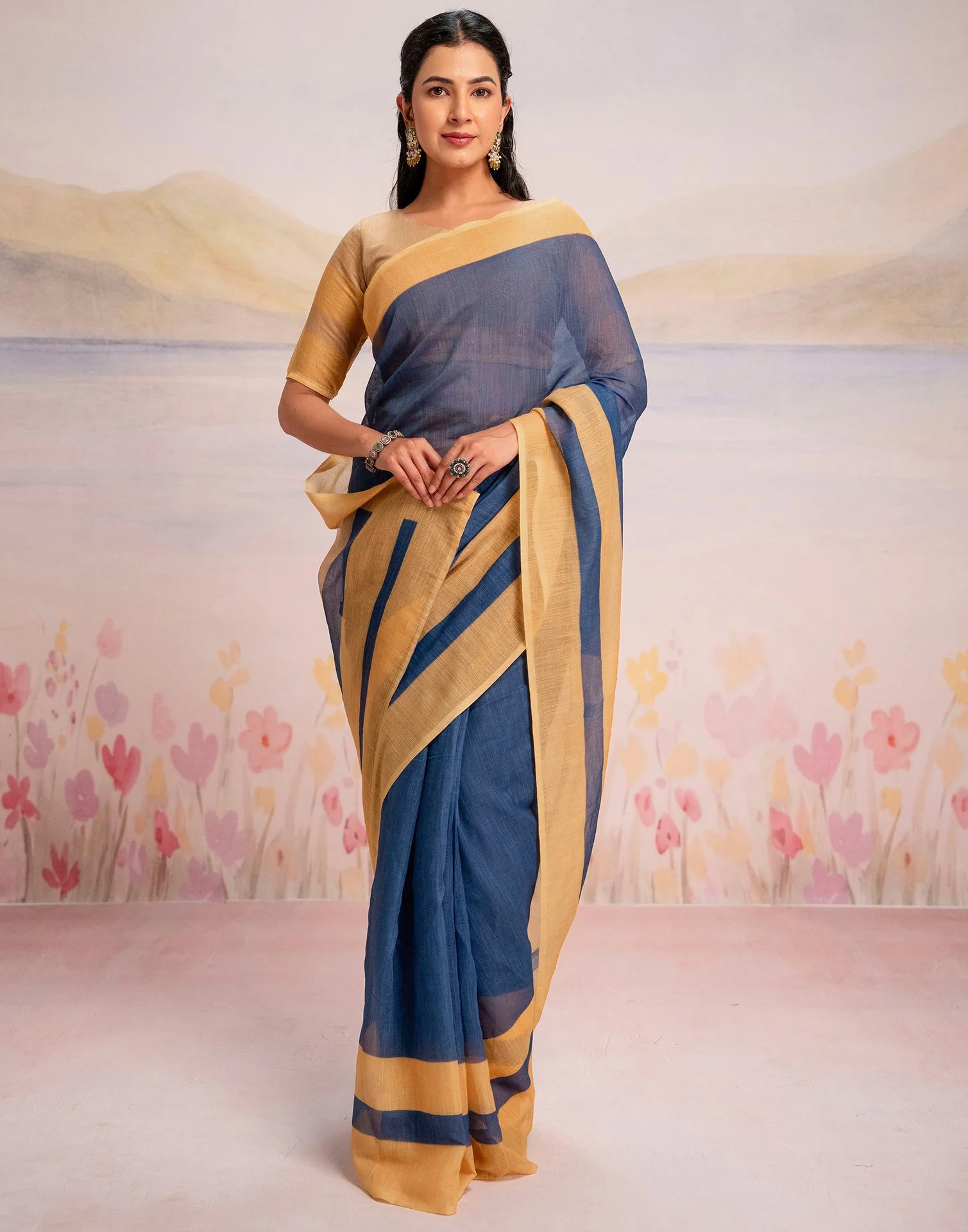 Ready To Wear Blue Linen Printed Saree - Image 6