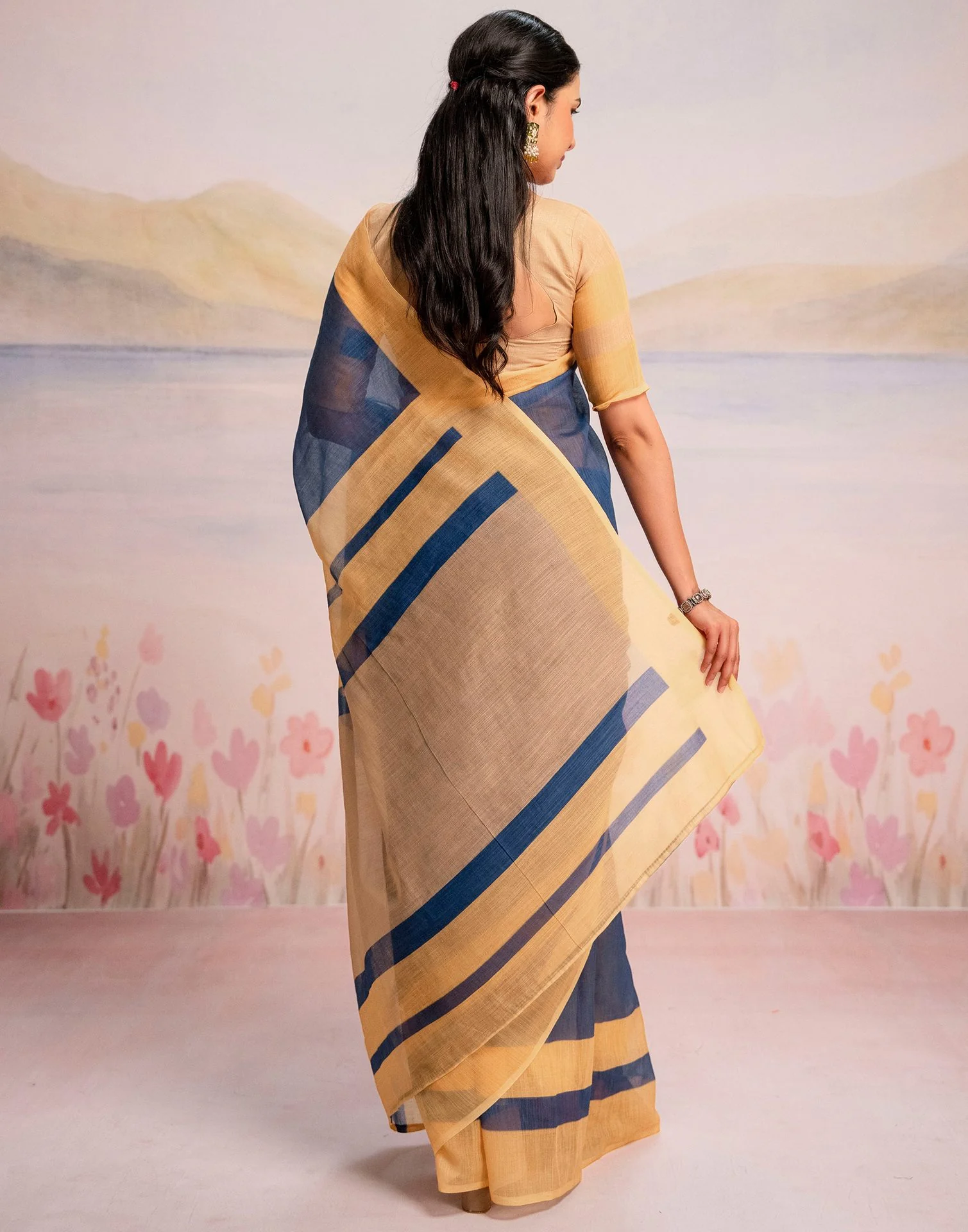 Ready To Wear Blue Linen Printed Saree - Image 7