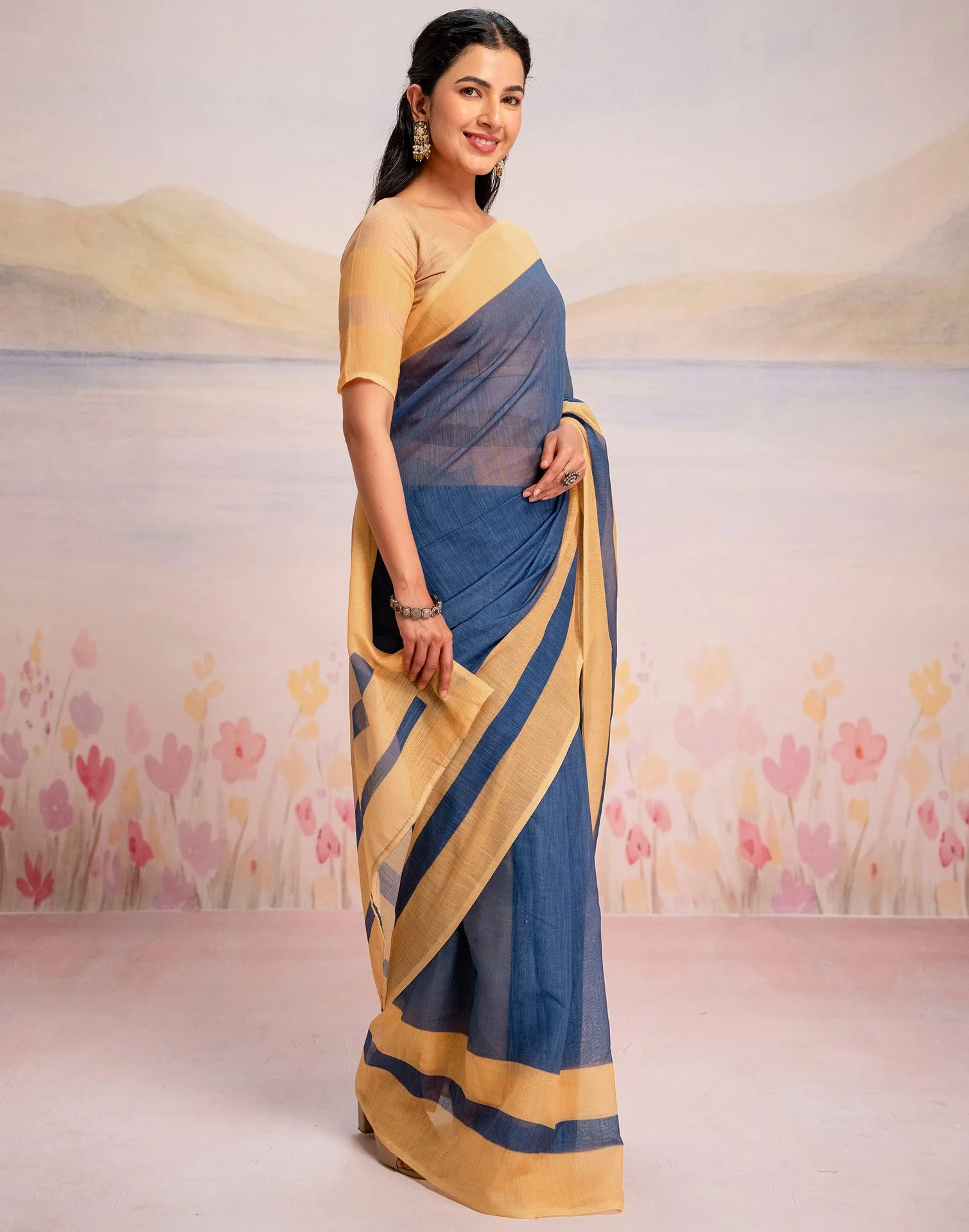 Ready To Wear Blue Linen Printed Saree - Image 8