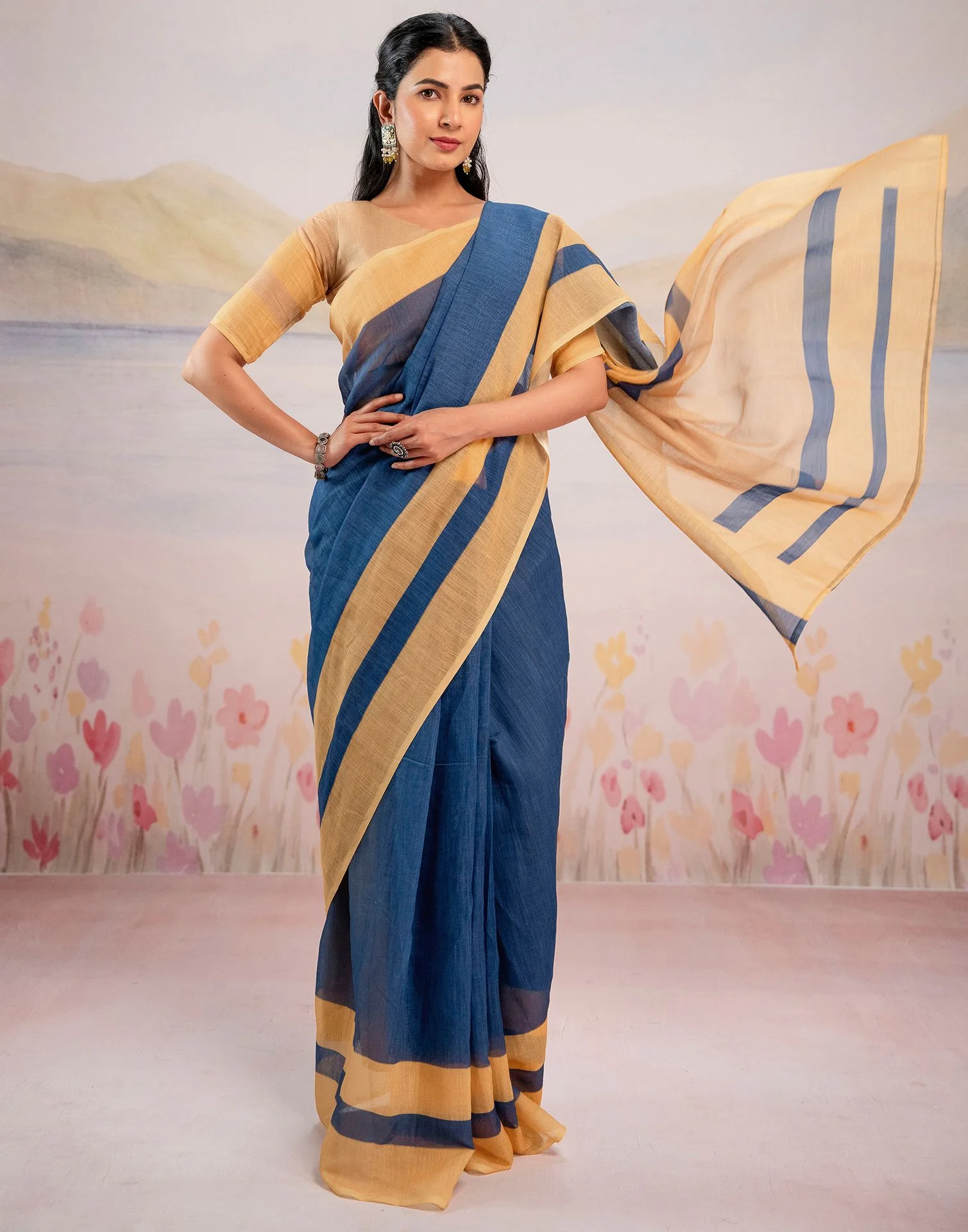 Ready To Wear Blue Linen Printed Saree - Image 9