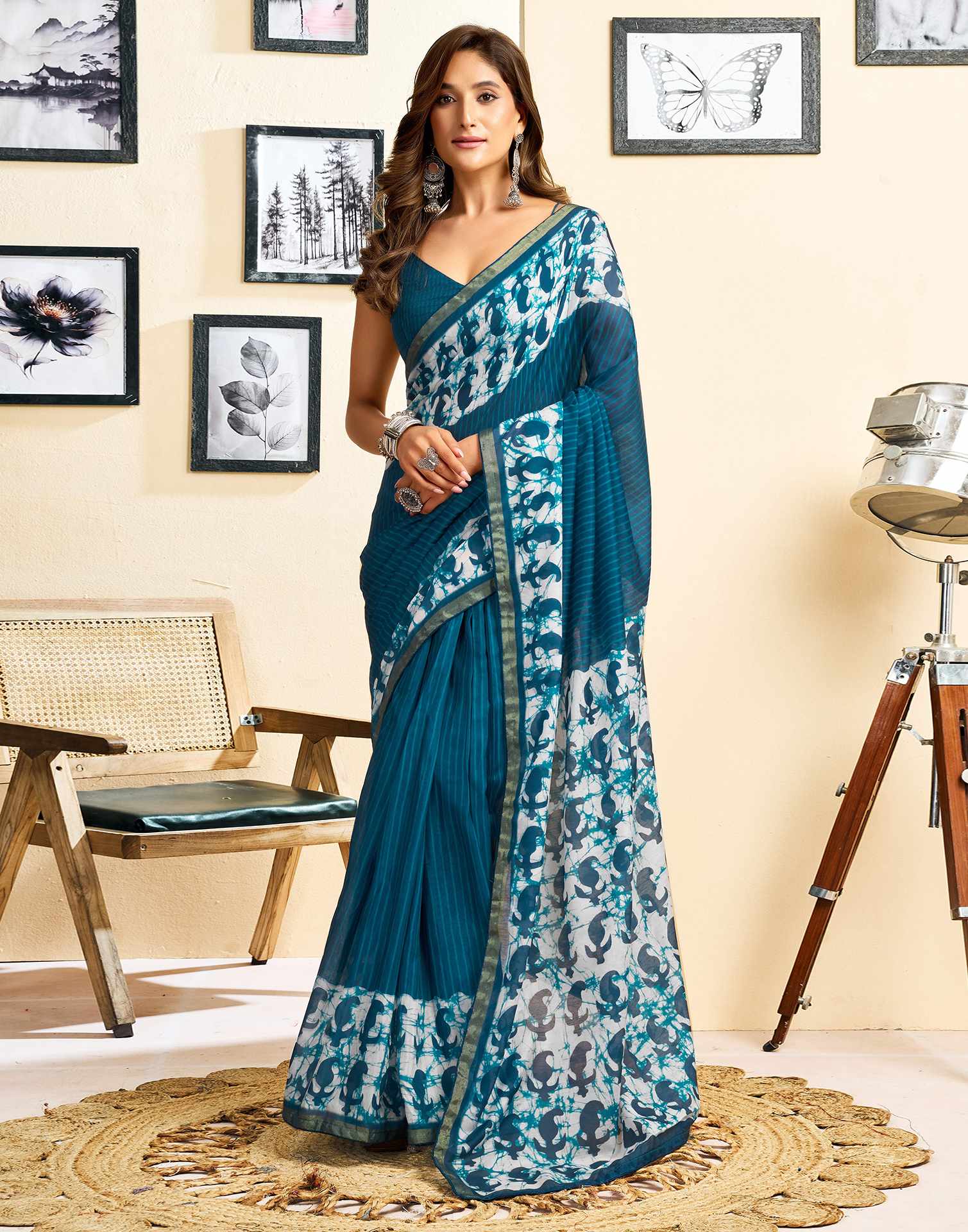 Ready To Wear Blue Linen Printed Saree - Image 5