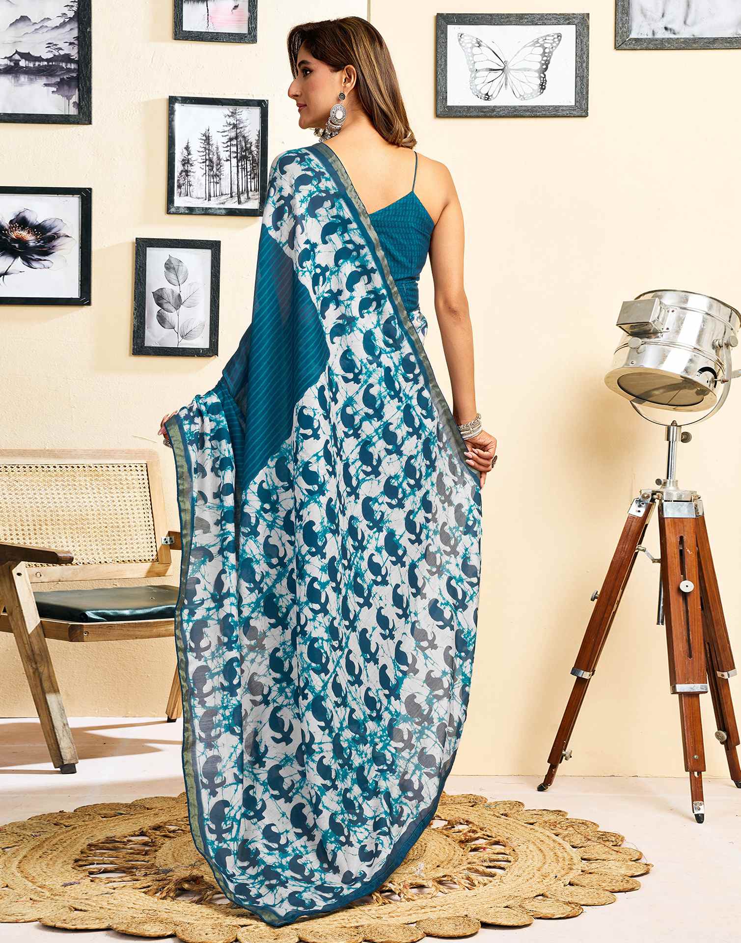 Ready To Wear Blue Linen Printed Saree - Image 8
