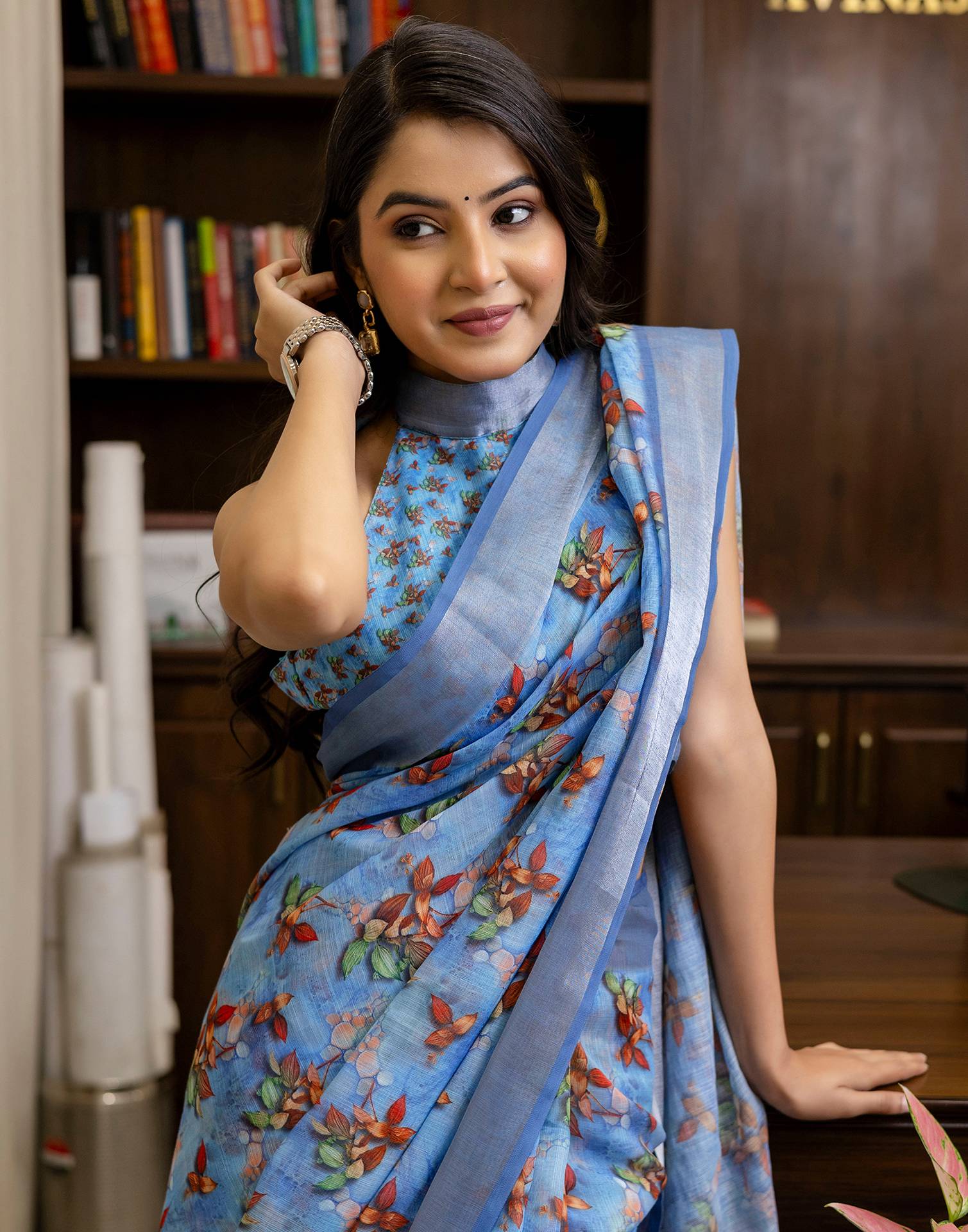 Ready To Wear Blue Linen Woven Border Printed Saree - Image 4