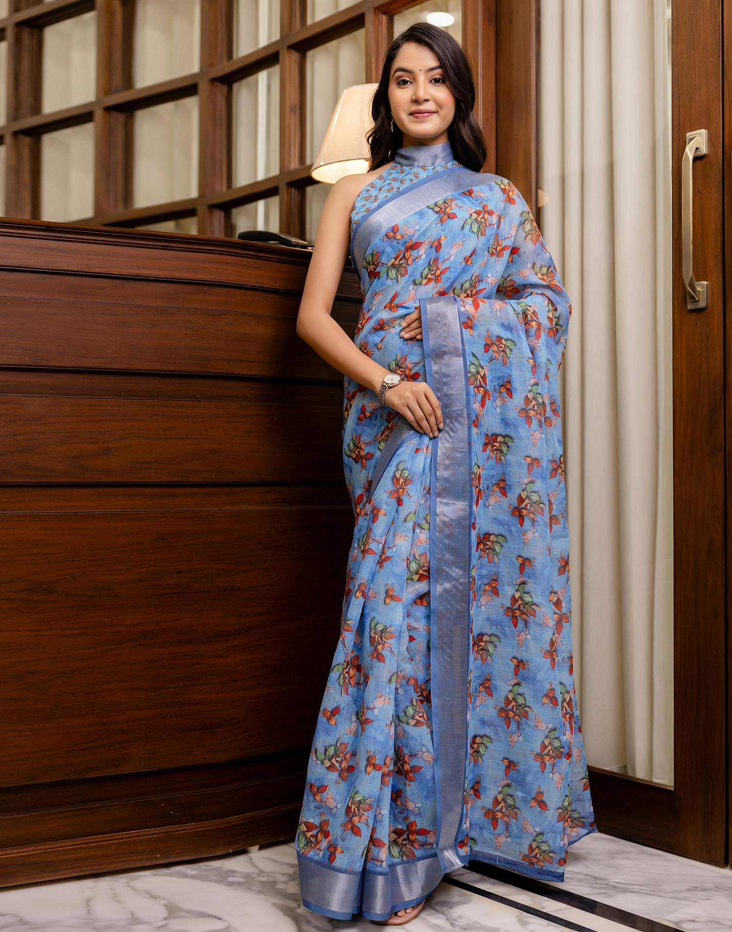 Ready To Wear Blue Linen Woven Border Printed Saree - Image 6