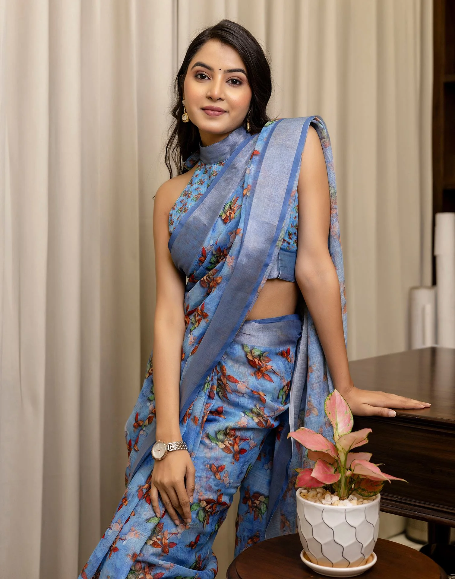 Ready To Wear Blue Linen Woven Border Printed Saree - Image 8