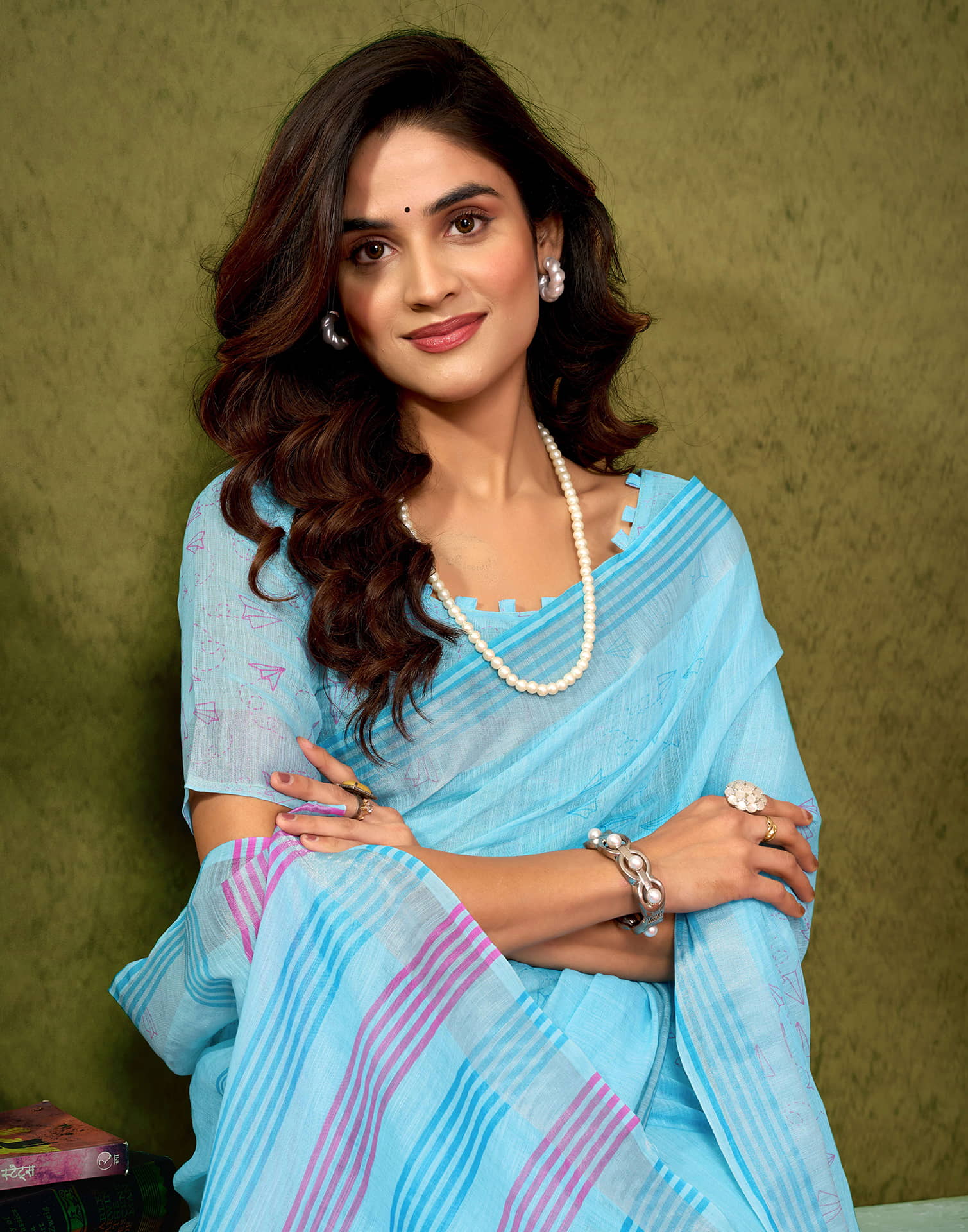 Ready To Wear Blue Linen Zari Printed Saree - Image 4