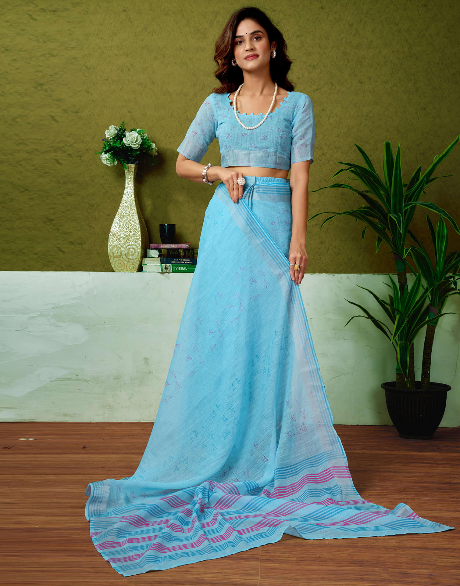 Ready To Wear Blue Linen Zari Printed Saree - Image 7