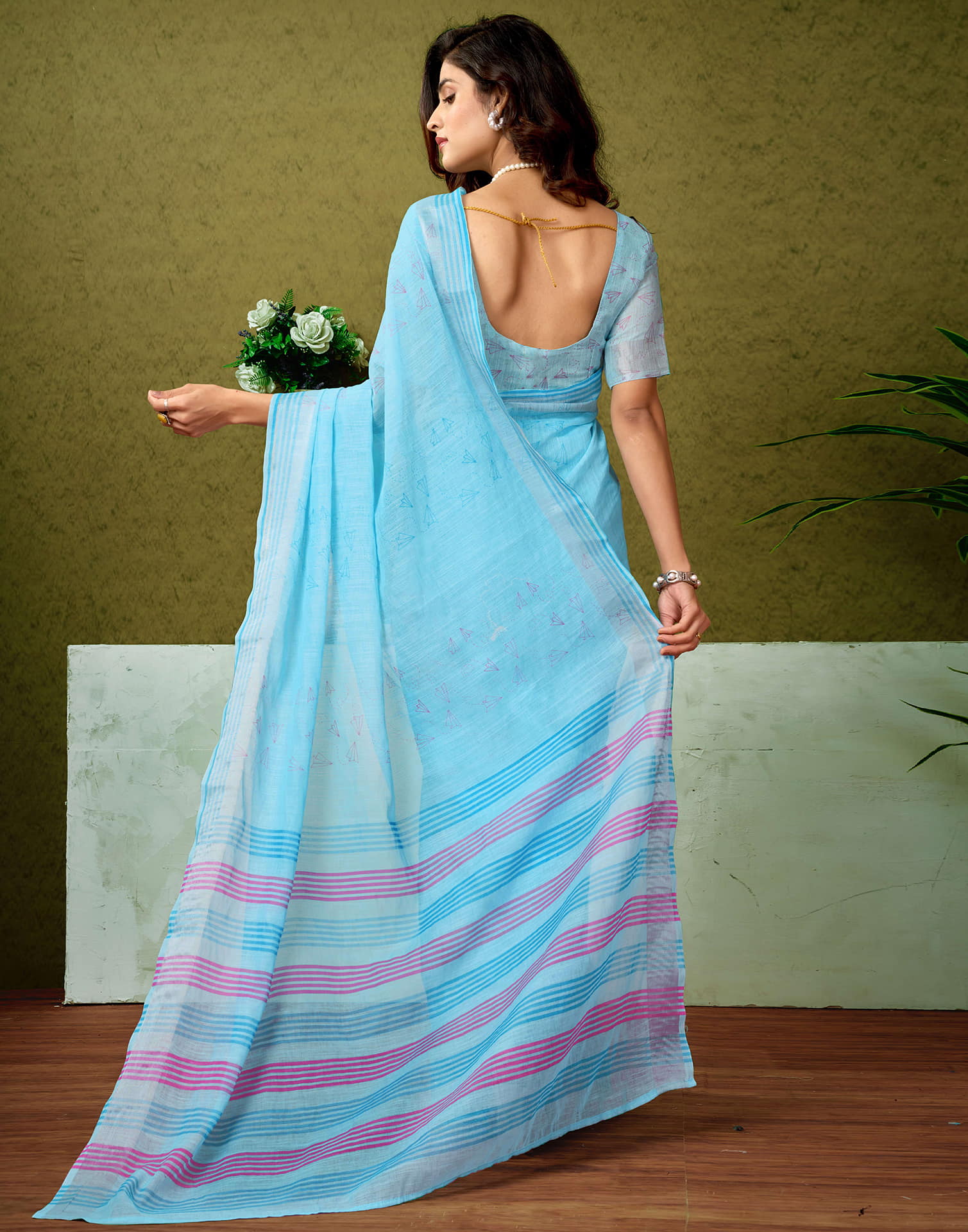 Ready To Wear Blue Linen Zari Printed Saree - Image 8