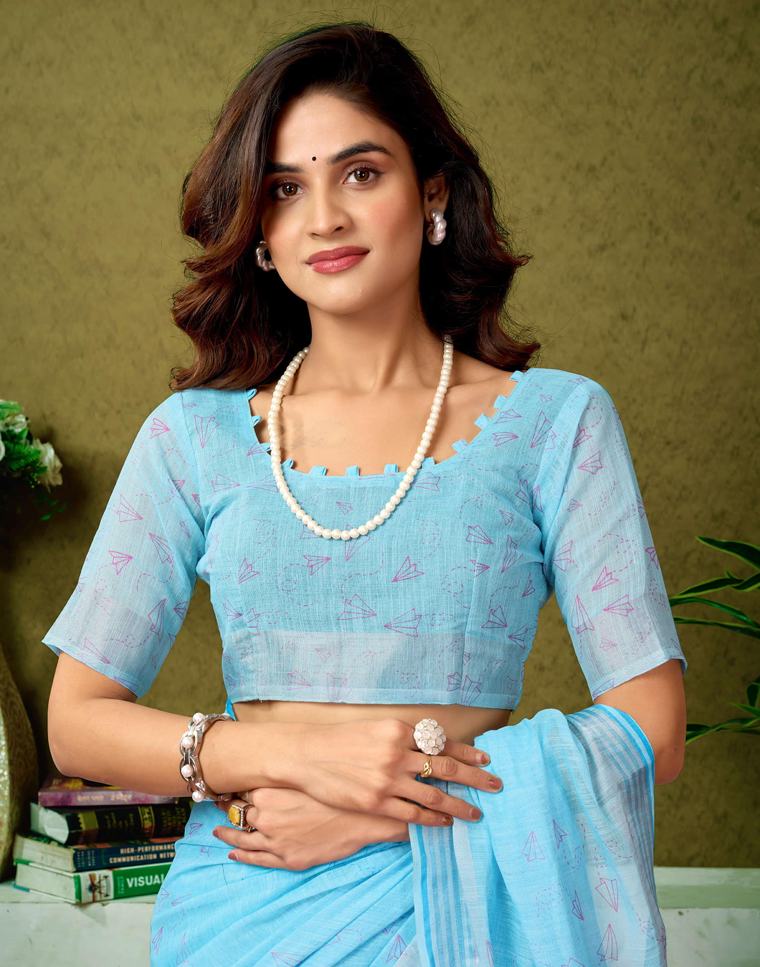 Ready To Wear Blue Linen Zari Printed Saree - Image 9