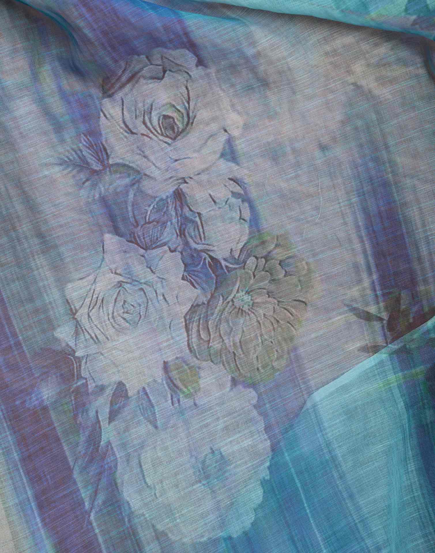 Ready To Wear Blue Linen Floral Printed Saree - Image 10