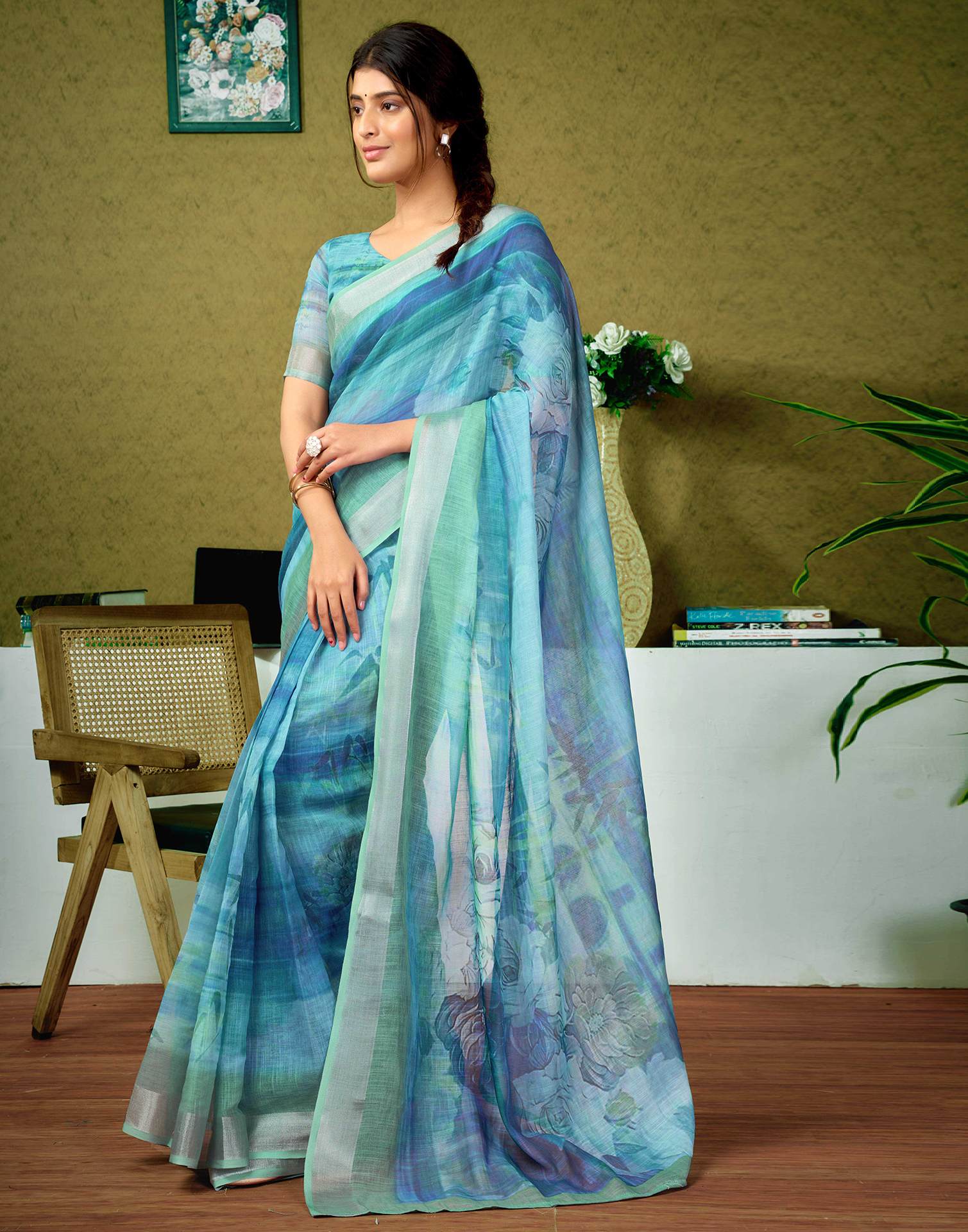 Ready To Wear Blue Linen Floral Printed Saree - Image 4