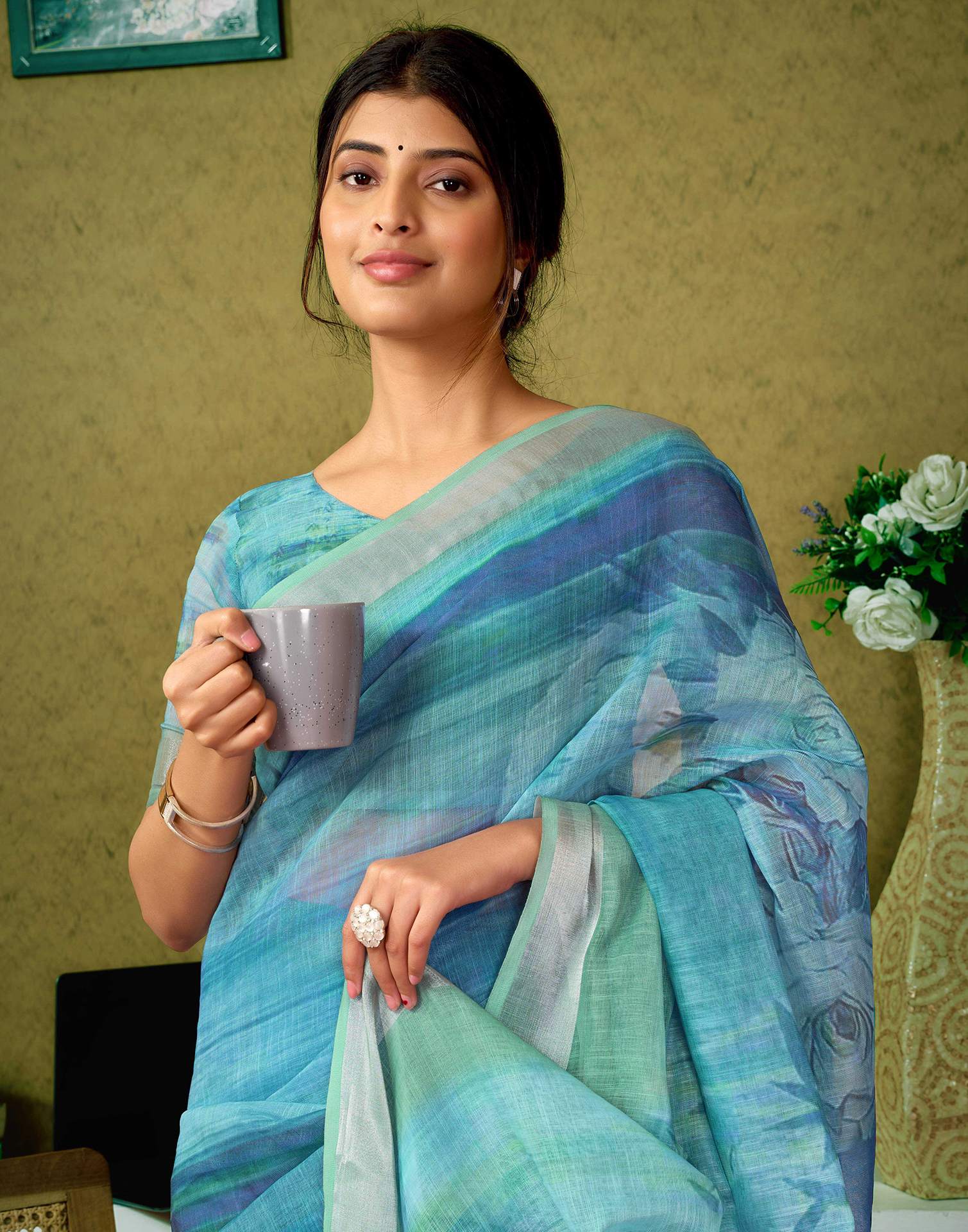 Ready To Wear Blue Linen Floral Printed Saree - Image 5