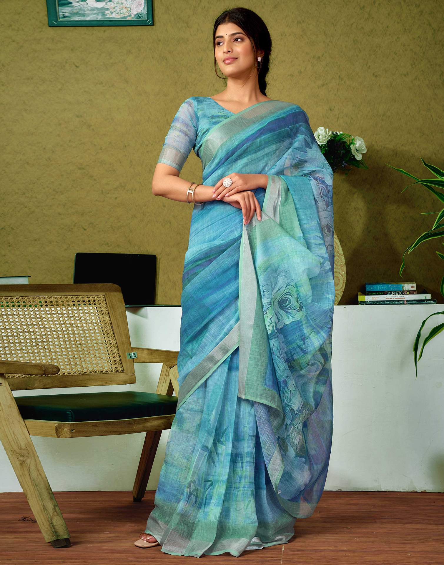 Ready To Wear Blue Linen Floral Printed Saree - Image 6