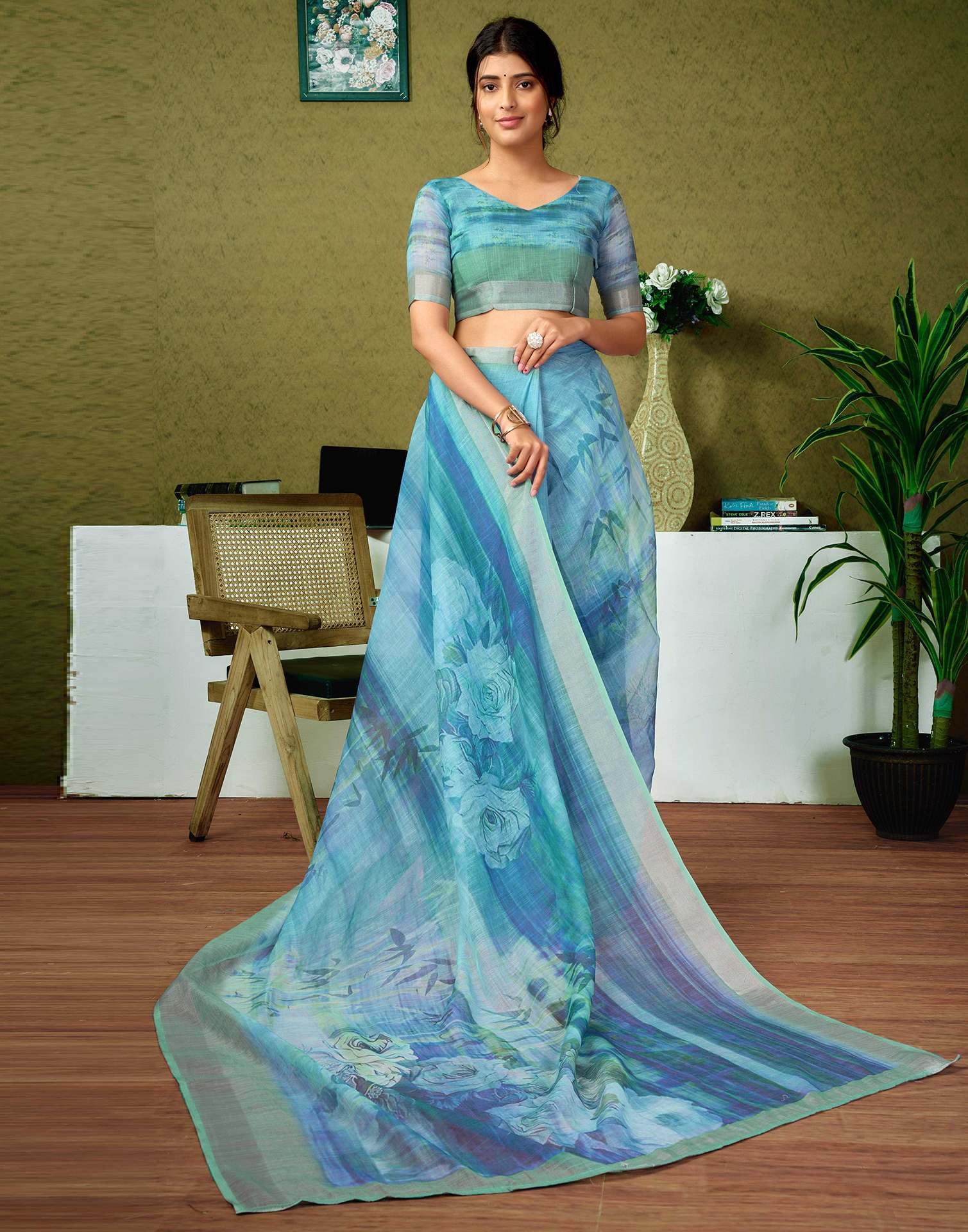 Ready To Wear Blue Linen Floral Printed Saree - Image 7