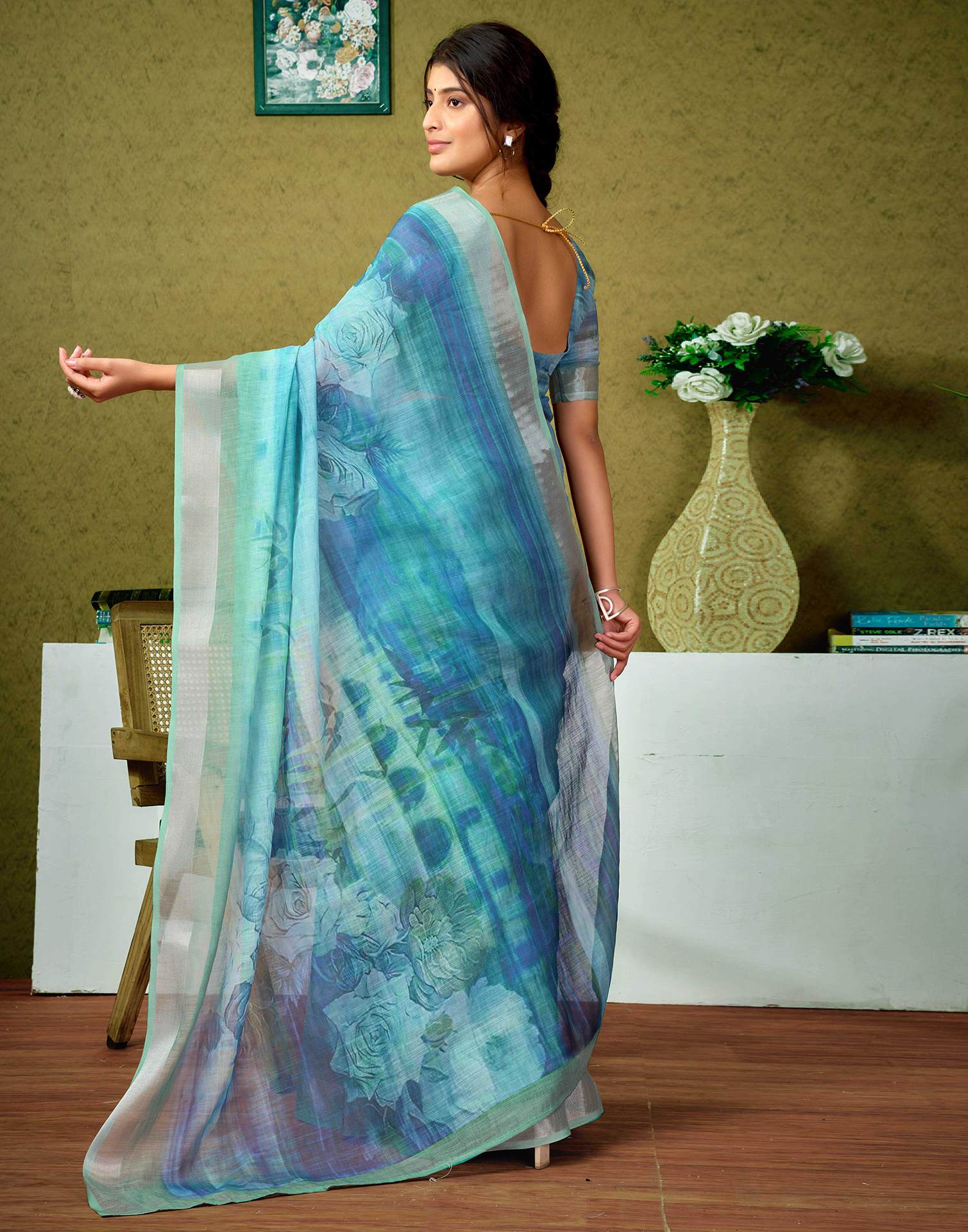 Ready To Wear Blue Linen Floral Printed Saree - Image 8