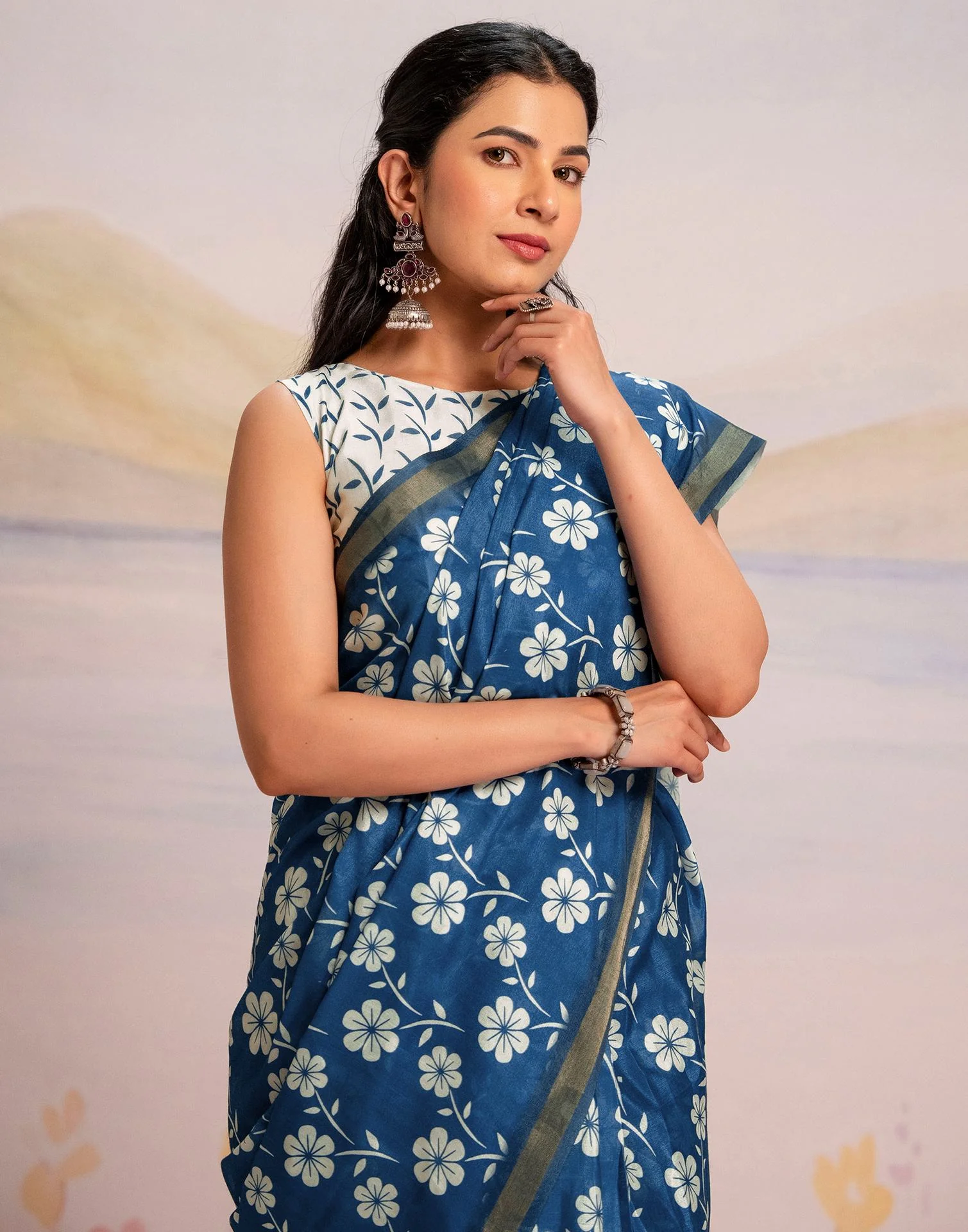 Ready To Wear Blue Silk Floral Printed Saree - Image 10