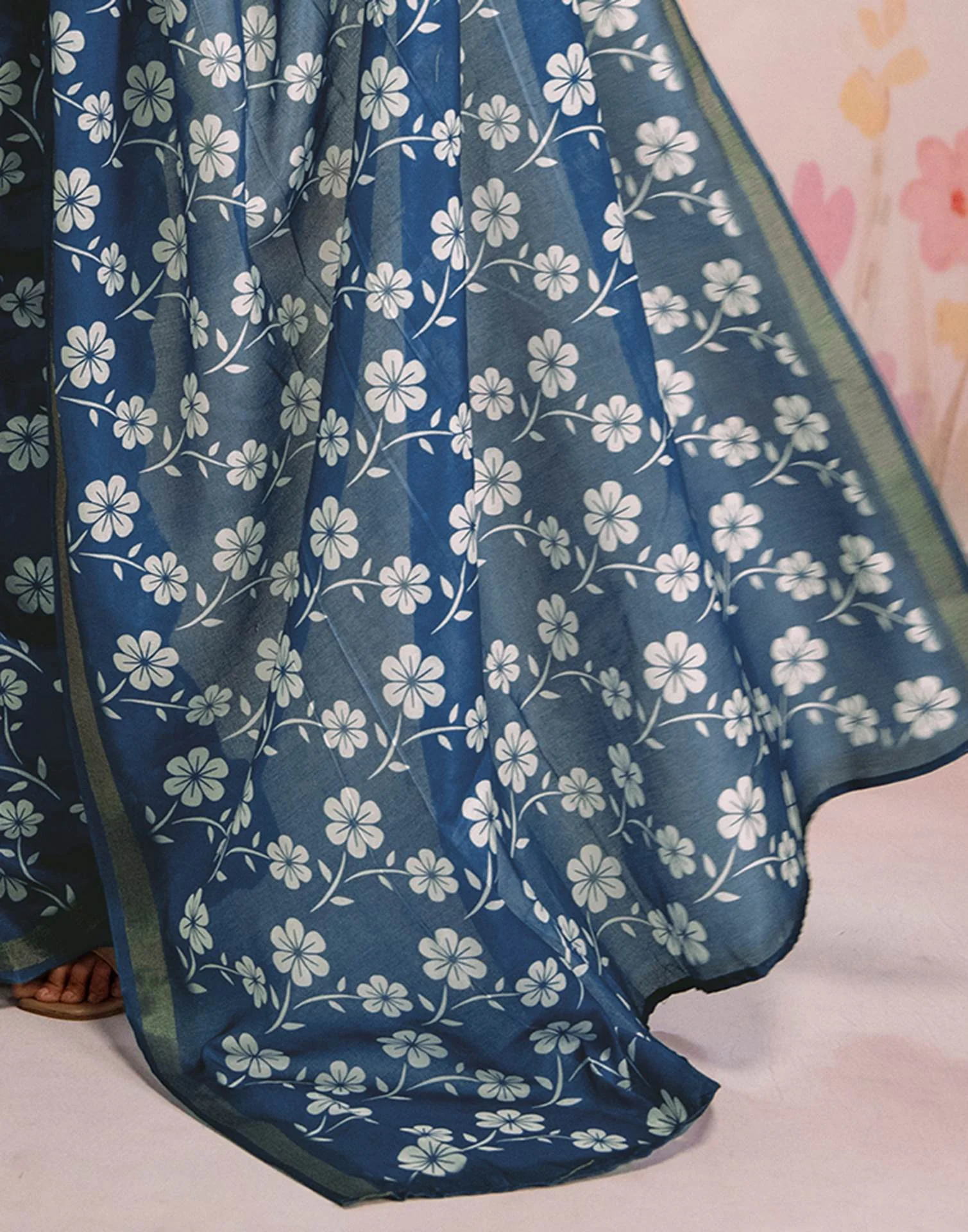 Ready To Wear Blue Silk Floral Printed Saree - Image 11