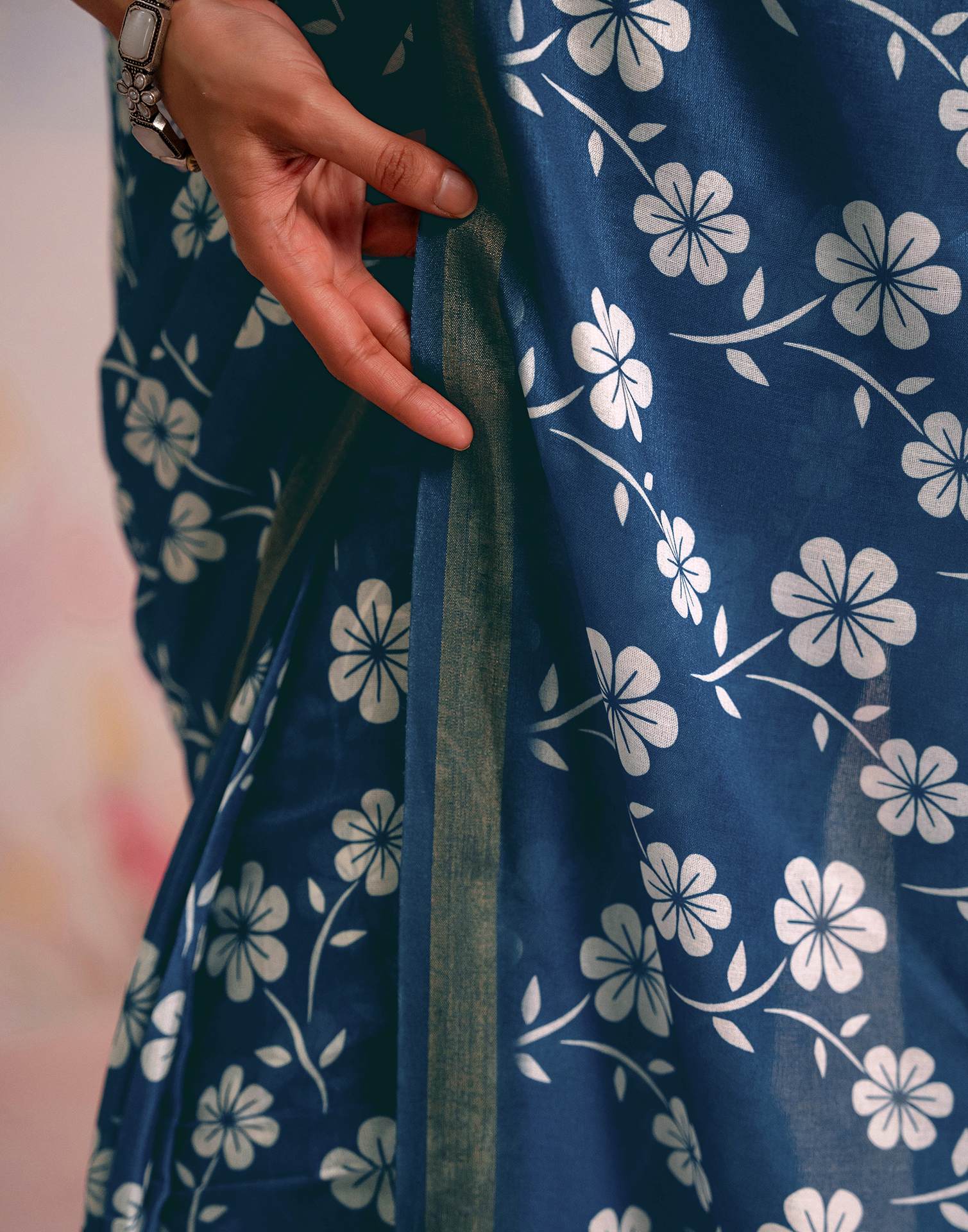 Ready To Wear Blue Silk Floral Printed Saree - Image 12