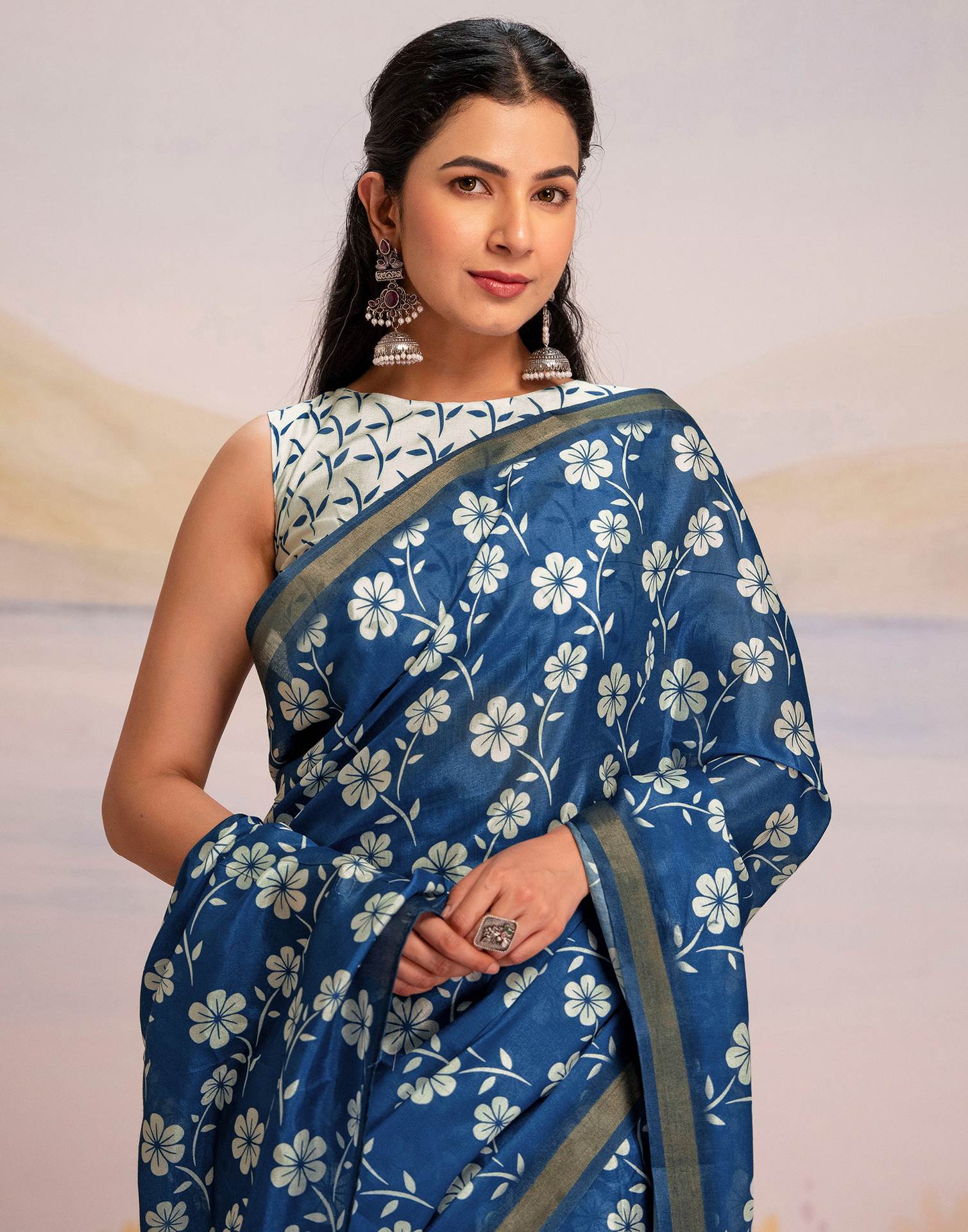 Ready To Wear Blue Silk Floral Printed Saree - Image 4