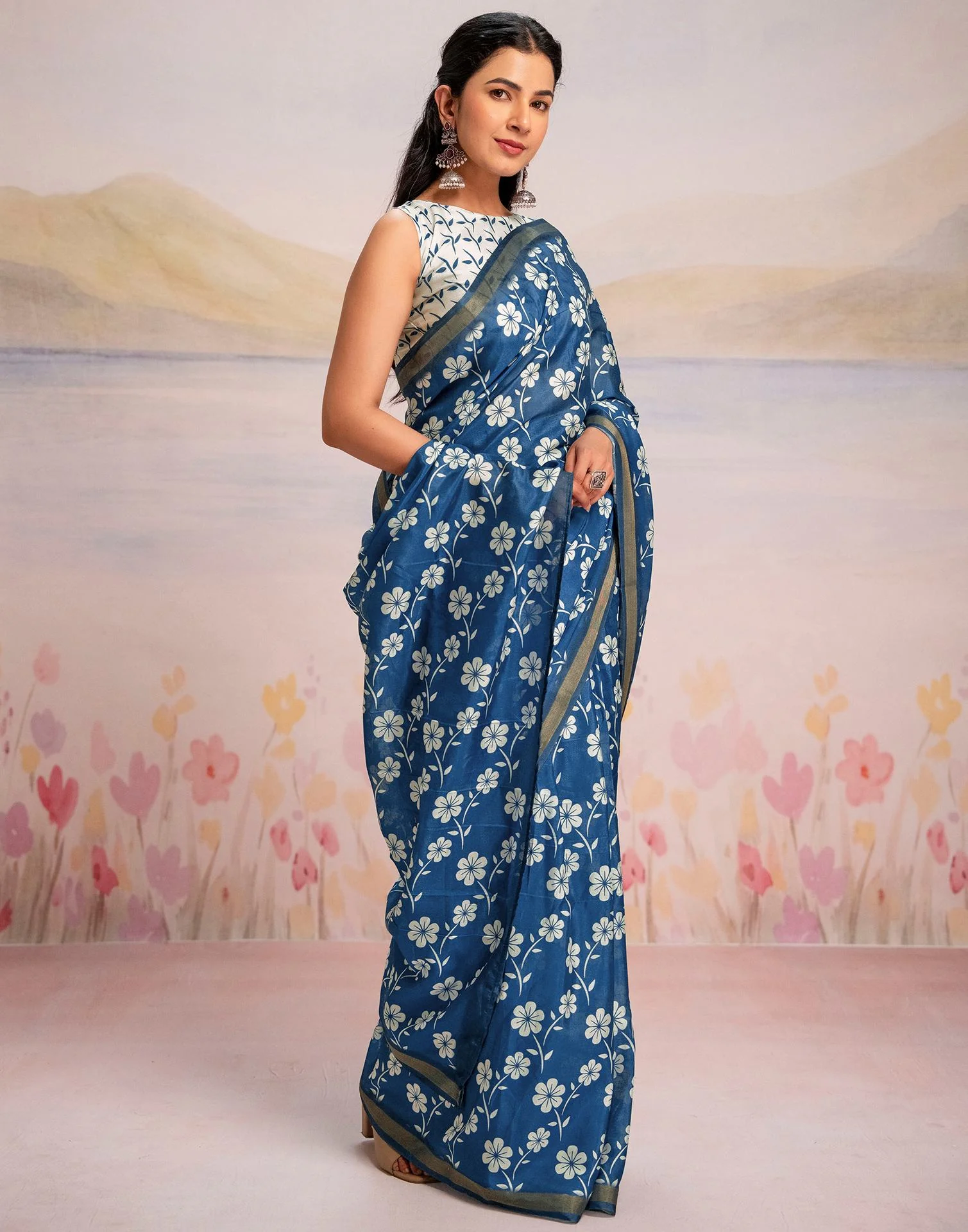 Ready To Wear Blue Silk Floral Printed Saree - Image 8