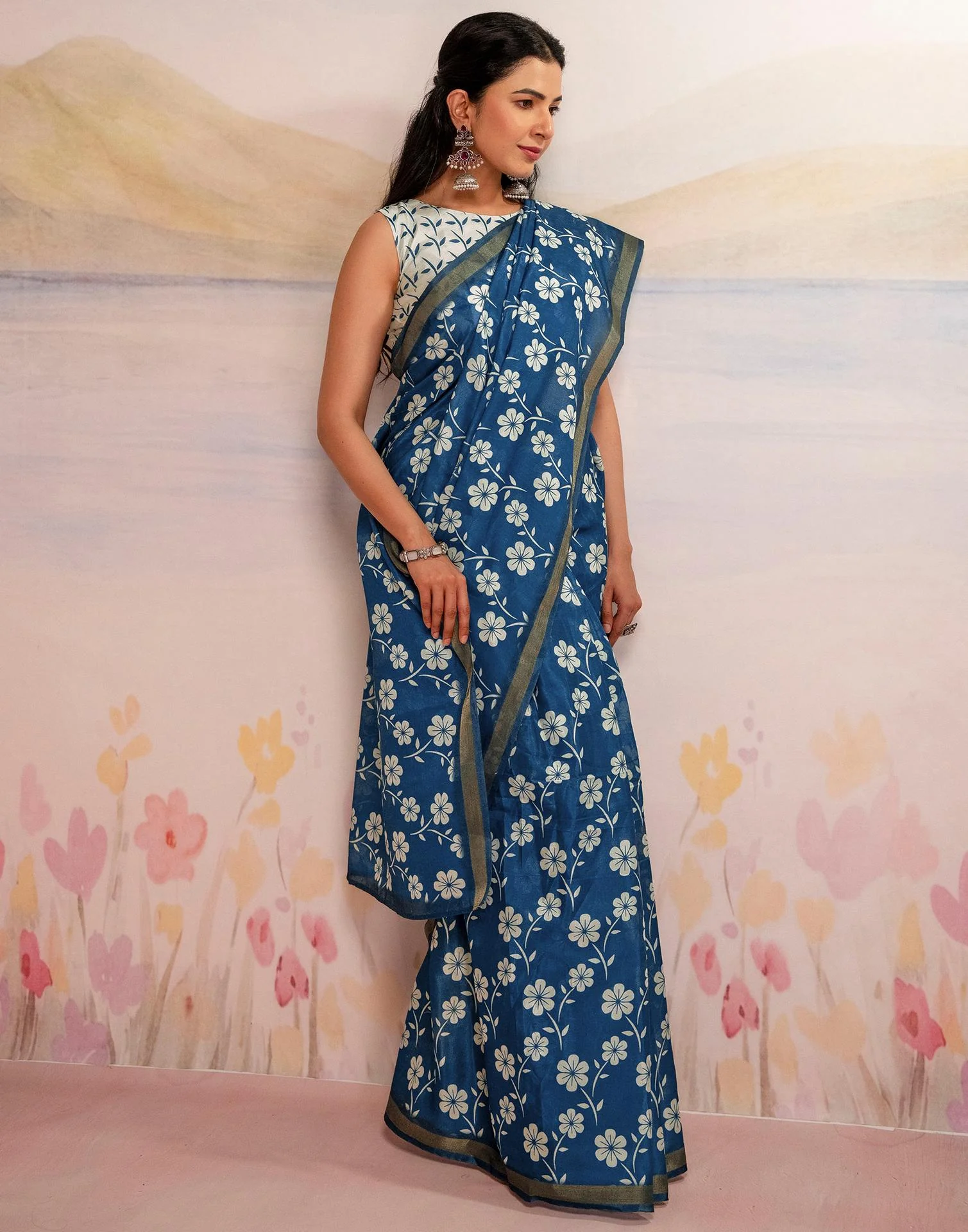 Ready To Wear Blue Silk Floral Printed Saree - Image 9