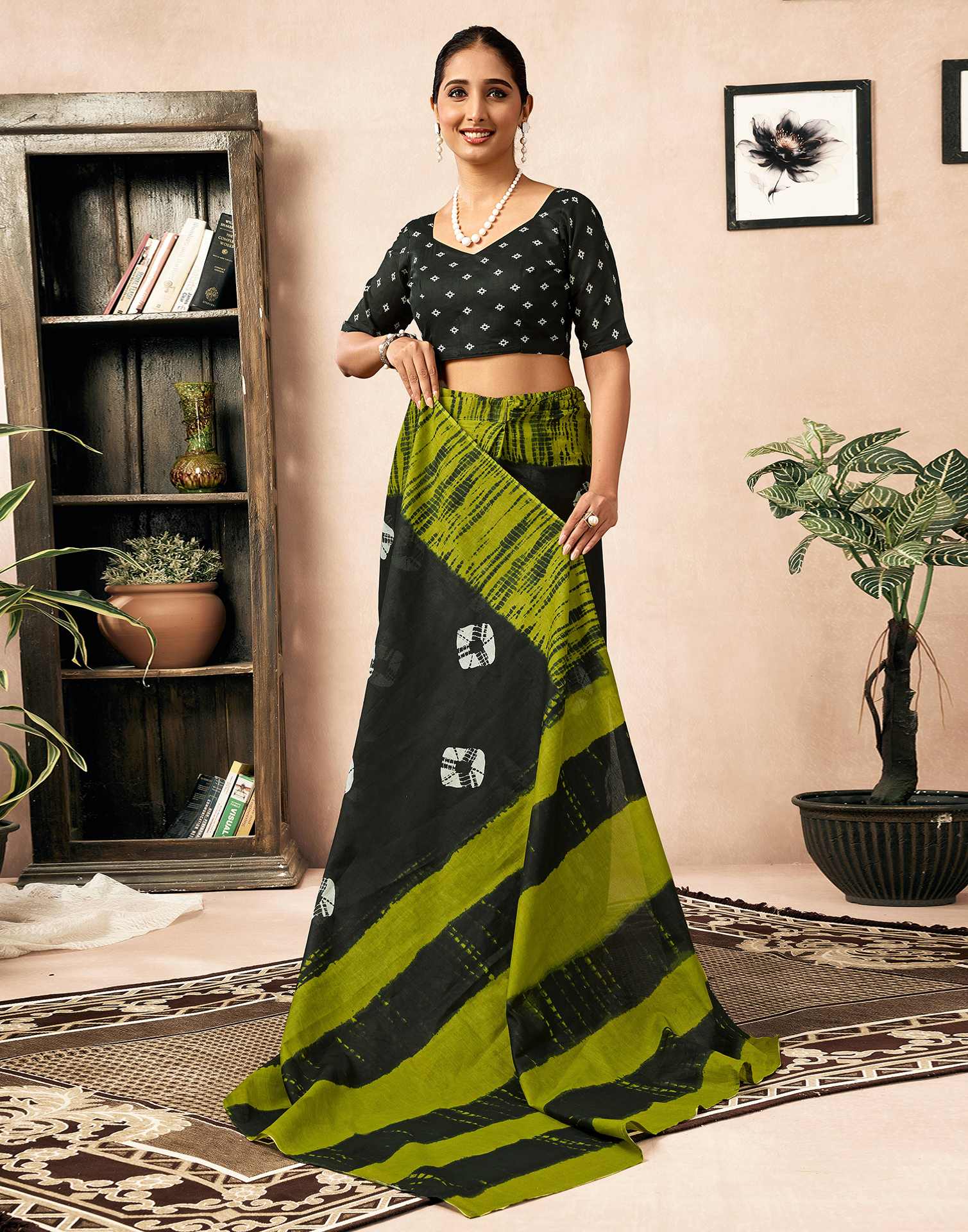 Ready To Wear Bottle Green Cotton Printed Saree - Image 8