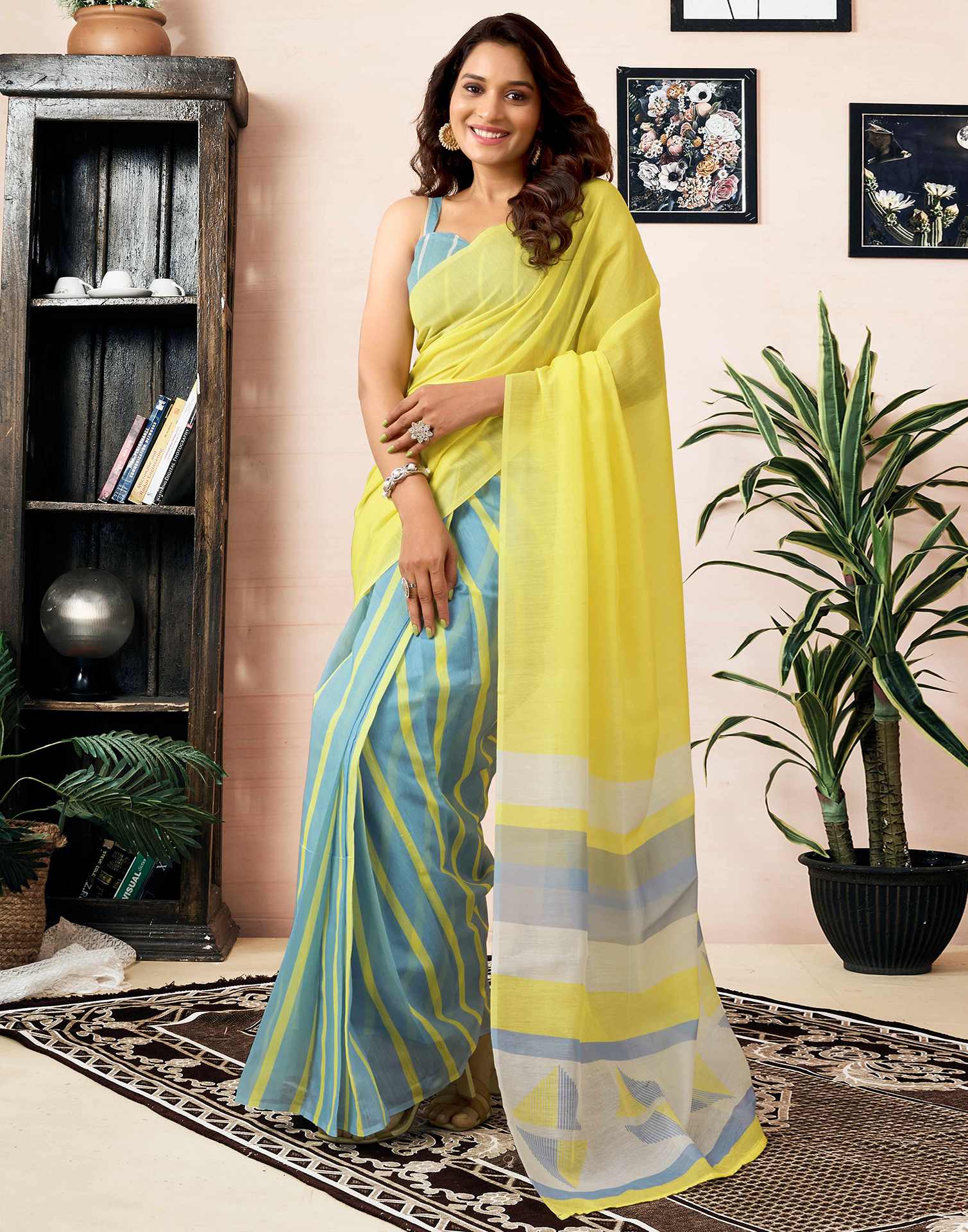 Ready To Wear Bright Yellow Chanderi Printed Saree With Pocket - Image 2
